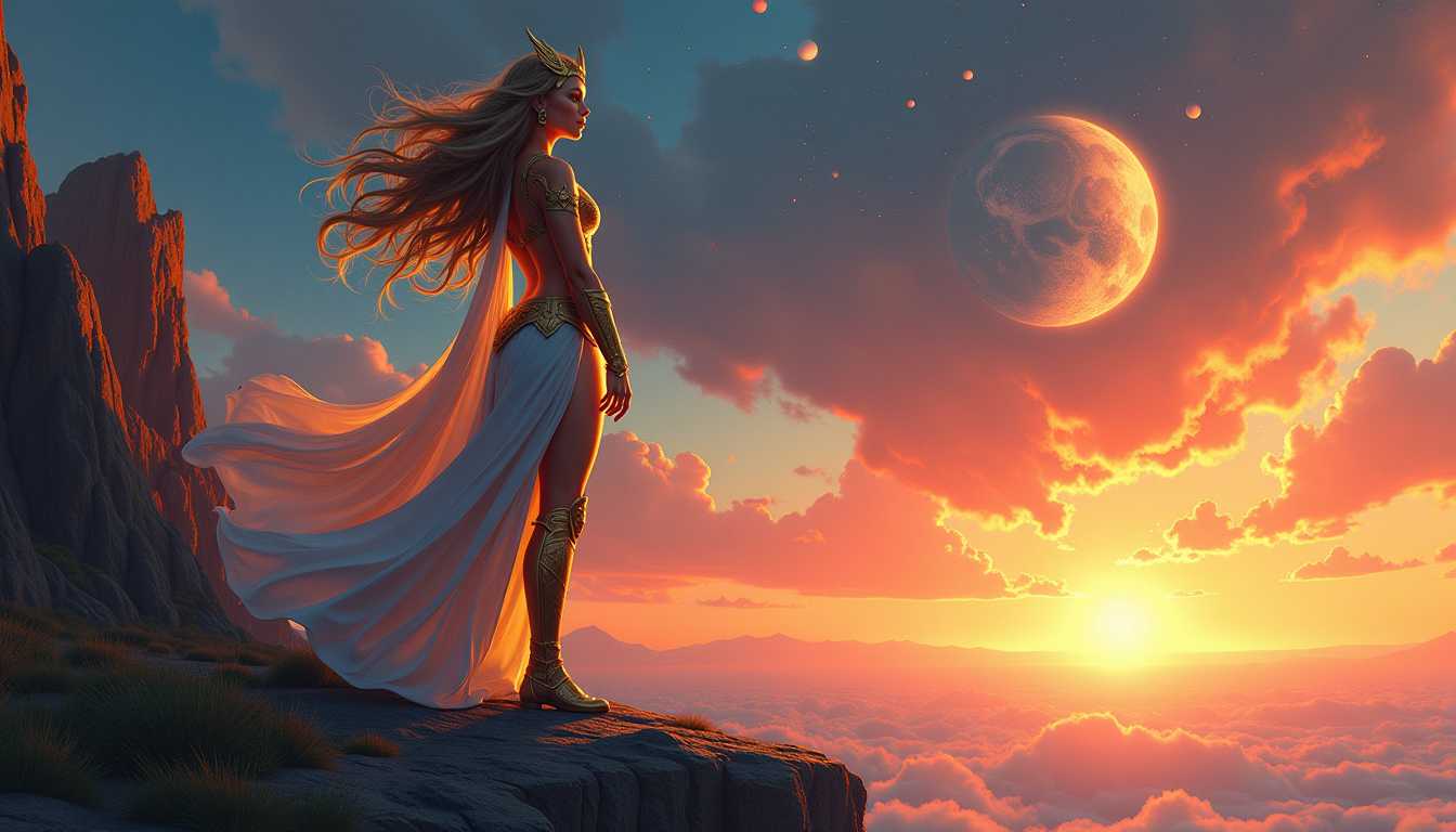 A majestic woman, embodying the regal essence of She-Ra, stands poised atop a rugged cliff with the twilight sky painting a backdrop of mystery and wonder. The scene is bathed in a soft, golden light of the setting sun, casting long shadows and highlighting her silhouette against the celestial canvas of planets and stars, creating an atmosphere of enchantment. 

**Style:** The artwork merges the heroic, vibrant comic style of Artgerm with the rich, voluptuous details of Rubens, blending contemporary fantasy with classical beauty. The composition adheres to the golden ratio, with the woman's figure as the focal point, her pose echoing the grace and strength of a warrior princess.

**Visual Elements:** Her attire is adorned with intricate, glowing patterns that echo the cosmic theme, with textures that suggest both armor and flowing fabric. Her hair flows dynamically in the twilight breeze, each strand rendered with meticulous care. The cliff beneath her feet is textured with geological detail, the ruggedness of the stone contrasting with the smoothness of her skin and attire. 

**Mood and Atmosphere:** The scene captures the serene transition from day to night, where the mystery of the night sky meets the lingering warmth of the day. The atmosphere is charged with anticipation, as if the world itself holds its breath in reverence to the woman's presence.

**Technical Aspects:** The rendering utilizes advanced techniques like octane rendering for ultra-fine details, ensuring that every element from the distant planets to the woman's expressive eyes is captured with exquisite clarity. The lighting plays a crucial role, with the golden ratio guiding the placement of light sources to enhance depth and focus.

**Composition:** The woman is positioned at the golden ratio's focal point, her figure commanding the viewer's attention while the surrounding elements like the cliff, the sky, and celestial bodies form a harmonious balance. The camera angle is slightly low, looking up at her, emphasizing her majesty and the grandeur of the scene.

**Cohesion:** Every aspect of this image, from the woman's pose to the celestial bodies, works together to tell a story of a mythical hero in a moment of quiet reflection, her power and beauty intertwined with the universe itself.