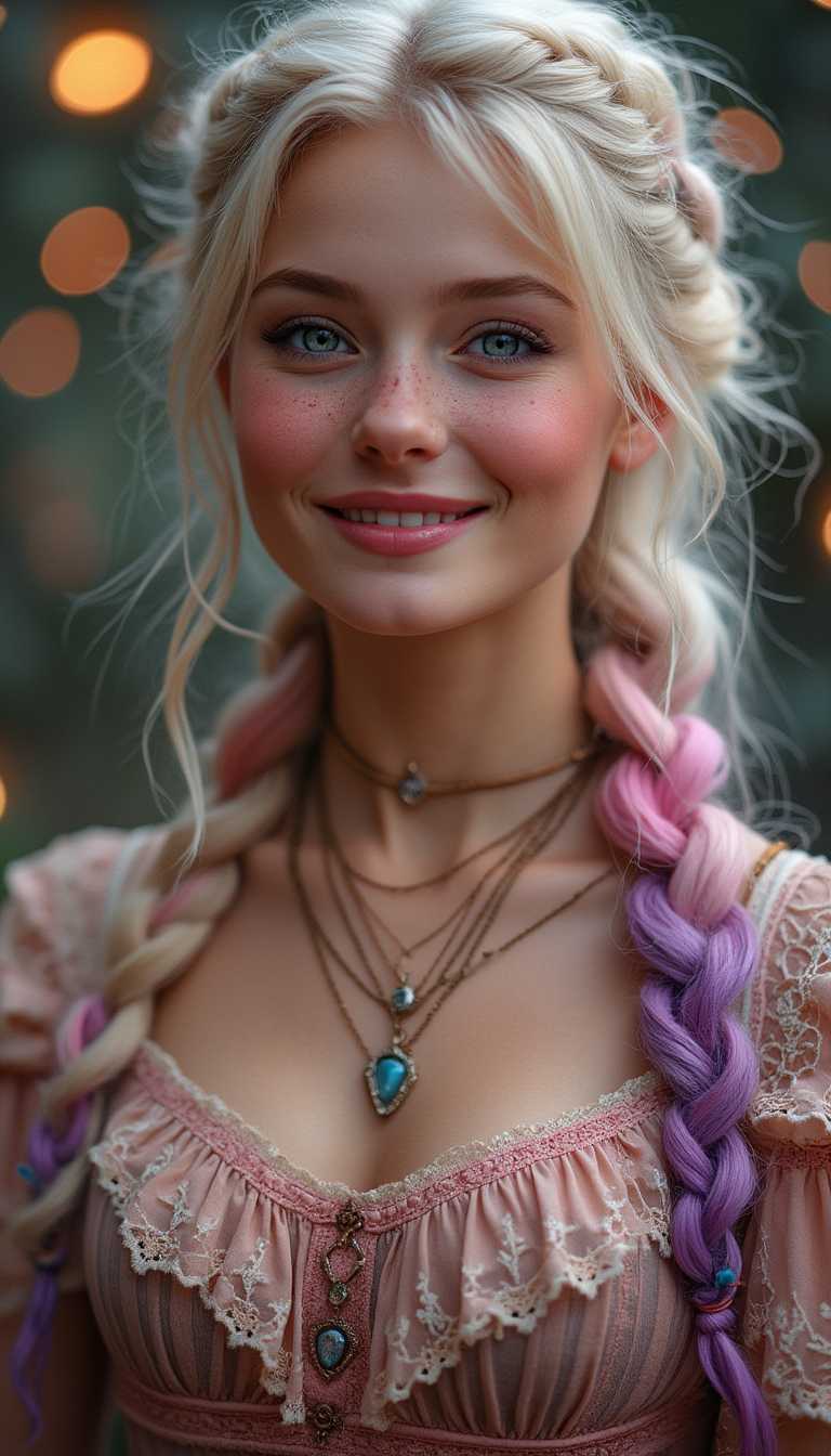 A stunning and enchanting portrait of a smiling young curvy woman with long, platinum blonde hair styled in a loose braid adorned with vibrant pink and purple hues. She has delicate freckles across her cheeks and nose, radiant skin, and large, expressive blue eyes with a soft, dreamy gaze. Her lips are softly tinted, and her outfit is a vintage-inspired dress with intricate lace details, featuring soft pink and earthy tones. She wears layered dainty necklaces with heart diamond that add elegance to her look. The background is softly blurred, filled with glowing warm lights and scattered magic elements, creating a magical, fairy tale-like ambiance with a touch of whimsy.