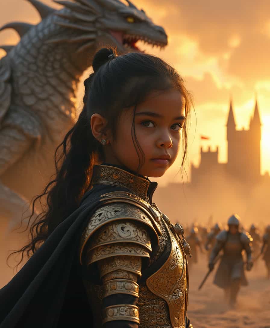 A majestic, close-up, fantasy sunset scene with the face of a powerful 10-year-old warrior girl in the foreground. She is a Latina, brunette, Mexican woman, dressed in intricately detailed golden armor with black accents, a billowing black cape, and a confident stance. Behind her, a massive, roaring dragon with gray scales and prominent horns looms, its mouth open in a ferocious expression. In the background, an imposing medieval castle with tall towers rises amidst a dusty, desert landscape. A group of armored soldiers can be seen charging or retreating in the distance, shrouded in a haze of sand and golden light. The sky is covered with dramatic clouds and warm golden tones, creating an epic and cinematic atmosphere. High-detail, photorealistic cinematic lighting in 4K resolution.