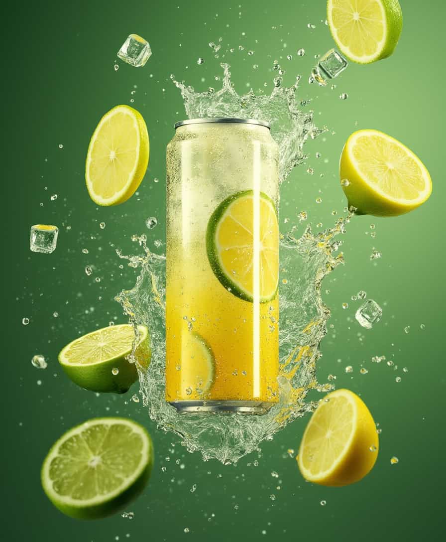 background with splashes of water, slices of lemon, lime, ice cubes. They fly in different directions and float in space. in the middle is a can of soda with lemon lime flavor. The background is greenish







