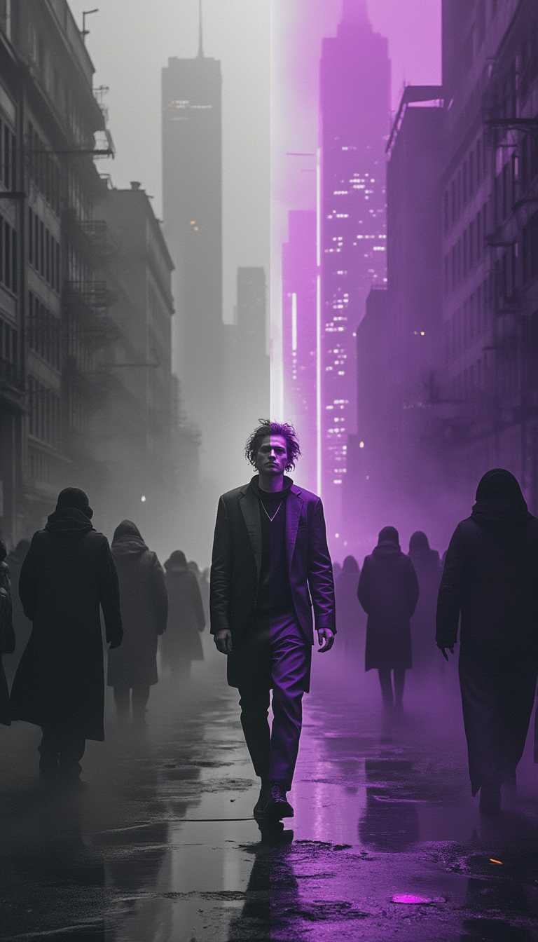 A striking, high-contrast image depicting a profound dichotomy: on one side, a bleak, monochromatic scene in shades of gray, depicting a person walking slowly through an oppressive, fog-shrouded cityscape surrounded by worn-down, lifeless neighborhoods. His expression is blank, his skin pale and his hair disheveled, reflecting monotony and purposelessness, while indistinct figures around him seem trapped in a routine trance.
On the other side, a mesmerizing transition to a vibrant, enigmatic scene, dominated by deep purple hues and an ethereal glow. The same person now appears radiant and confident, wearing elegant clothes that reflect success and self-control, under neon lights that glow like fragments of the subconscious awakening. Modern skyscrapers gleam in the background, while the energy of the surrounding crowd pulsates with purpose. Small details, such as symbols hidden in the shadows and shafts of light piercing the darkness, evoke mental transformation and expansion of consciousness.






