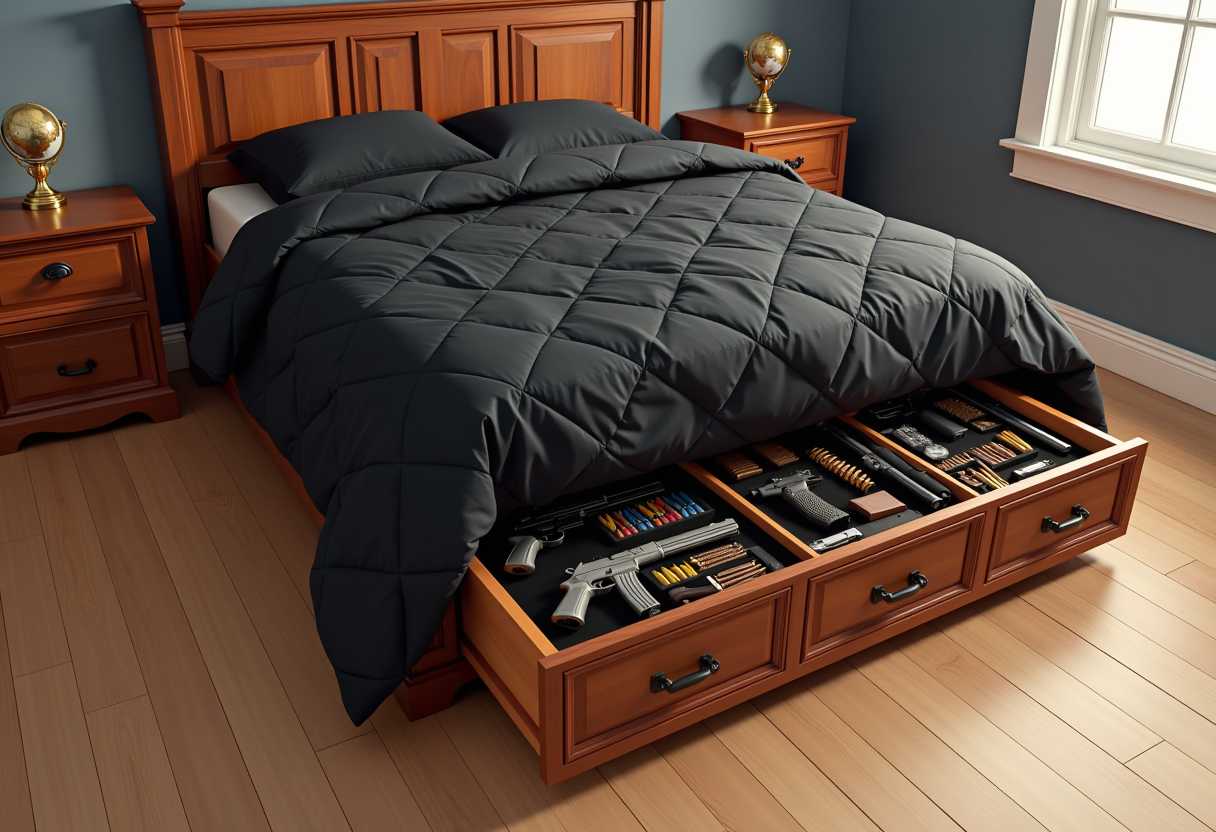 This image depicts a bedroom with a focus on a large bed with a darkcolored quilted comforter. The bed has a wooden headboard with a rich, warm brown finish that matches the nightstands on either side. The nightstands are also made of wood and feature a similar finish, with one having a small golden trophy on top and the other a small globe ornament.The bed is placed against a wall painted in a muted gray color, which contrasts with the warm tones of the wood furniture. The floor is a light hardwood with a natural finish that complements the rooms overall aesthetic.The most striking feature of the image is the hidden compartment beneath the bed. The drawer is cleverly designed to look like a regular bed drawer at first glance, but upon closer inspection, it reveals itself to be a secure gun storage unit. The drawer is made of the same wood as the bed and nightstands, and the interior is lined with black felt to protect the guns and ammunition.Inside the drawer, there are multiple compartments organized with handguns and rifles, each placed in a designated slot to prevent damage. Alongside the firearms, there are also compartments filled with ammunition, which are neatly organized and colorcoded for easy identification.The overall art style of the image is realistic, with attention to detail and texture. The medium appears to be a highresolution photograph, capturing the wood grain, the sheen of the metal handles, and the reflective surfaces of the firearms and ammunition.The colors in the image are warm and earthy, with the brown tones of the wood furniture and the gray walls creating a cozy and inviting atmosphere. The black comforter adds a touch of sophistication and contrast, while the metallic sheen of the guns and ammunition provides a subtle gleam.In summary, this image is a realistic photograph capturing a bedroom with a hidden gun storage compartment beneath the bed. The warm tones of the wood furniture and the earthy color palette create a cozy and inviting atmosphere, while the hidden compartment adds an element of intrigue and functionality.