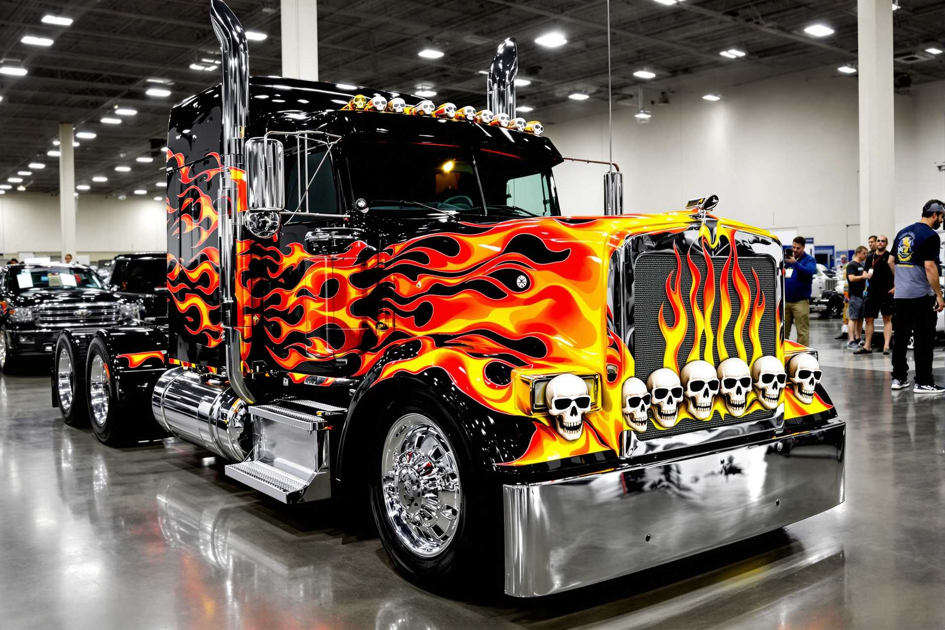 This image captures a striking and custompainted truck, which stands out with its bold flame design in a gradient of fiery hues ranging from a deep orange to a bright yellow, with touches of red, creating a sense of movement and intensity. The trucks body is painted in a glossy black finish that contrasts sharply with the flame graphics, highlighting the detailed work.The trucks front grille is particularly noteworthy, featuring a row of five skulls in a horizontal line, each skull wearing a pair of sunglasses, which adds a quirky and edgy element to the vehicles menacing appearance. The skulls are white, providing a stark contrast to the black grille and the vibrant flames.The trucks chrome bumper and side steps add a touch of classic automotive elegance, complementing the overall aggressive design. The trucks wheels are not visible in the image, but we can infer that they are likely modern, chromefinished rims that would match the overall luxurious and customized aesthetic of the vehicle.The background of the image is a large indoor space, possibly a convention center or exhibition hall, with other vehicles parked in the distance. The lighting in the space is bright and even, casting a reflection on the polished surfaces of the truck and the shiny chrome details, enhancing the overall visual impact of the vehicle.The art style of the flame painting on the truck is reminiscent of pinstriping, with fluid and dynamic lines that suggest movement and energy. The medium appears to be a highquality paint, likely used for automotive painting due to its durability and glossy finish.Overall, the image exudes a sense of power and rebellion, with a blend of classic automotive design and modern customization. The truck is a showcase piece, likely designed for enthusiasts and collectors who appreciate the fusion of art and automotive engineering.