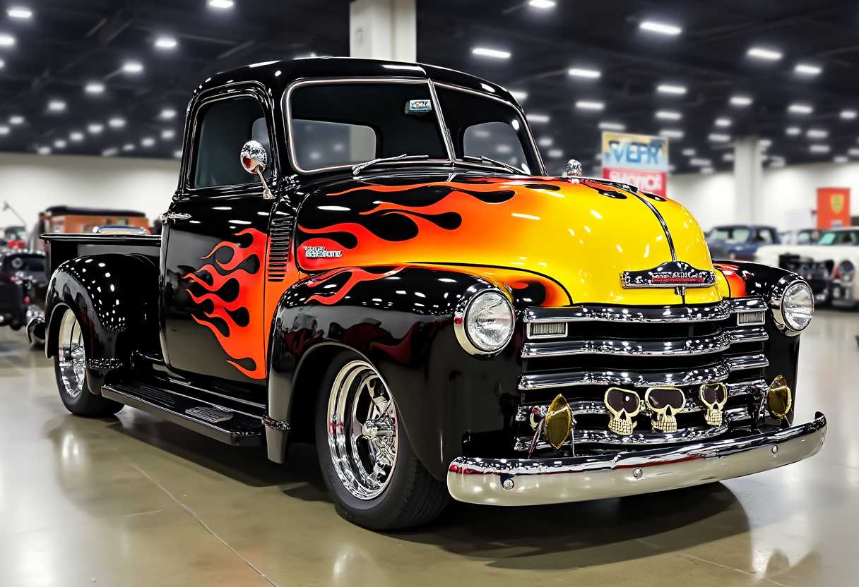 This image captures a striking and custompainted truck, which stands out with its bold flame design in a gradient of fiery hues ranging from a deep orange to a bright yellow, with touches of red, creating a sense of movement and intensity. The trucks body is painted in a glossy black finish that contrasts sharply with the flame graphics, highlighting the detailed work.The trucks front grille is particularly noteworthy, featuring a row of five skulls in a horizontal line, each skull wearing a pair of sunglasses, which adds a quirky and edgy element to the vehicles menacing appearance. The skulls are white, providing a stark contrast to the black grille and the vibrant flames.The trucks chrome bumper and side steps add a touch of classic automotive elegance, complementing the overall aggressive design. The trucks wheels are not visible in the image, but we can infer that they are likely modern, chromefinished rims that would match the overall luxurious and customized aesthetic of the vehicle.The background of the image is a large indoor space, possibly a convention center or exhibition hall, with other vehicles parked in the distance. The lighting in the space is bright and even, casting a reflection on the polished surfaces of the truck and the shiny chrome details, enhancing the overall visual impact of the vehicle.The art style of the flame painting on the truck is reminiscent of pinstriping, with fluid and dynamic lines that suggest movement and energy. The medium appears to be a highquality paint, likely used for automotive painting due to its durability and glossy finish.Overall, the image exudes a sense of power and rebellion, with a blend of classic automotive design and modern customization. The truck is a showcase piece, likely designed for enthusiasts and collectors who appreciate the fusion of art and automotive engineering.