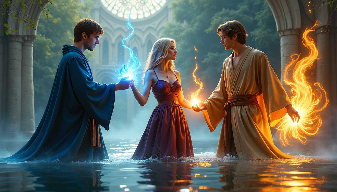 Three figures, positioned mid-frame, are engaged in a magical scene.  Two men, appearing to be in their late twenties, with light brown hair, and a fair complexion. The man on the left is in a dark blue robe, and the man on the right is in a light brown robe. Both wear belts. A woman, of similar age, is positioned between them, with blonde hair and a rich, maroon-red gown with a light blue bodice. The figures stand waist-deep in water, with a calm, reflective surface.  The environment is a fantastical landscape, with medieval-style architecture and trees surrounding a body of water. Vivid, swirling, electric-blue and orange-gold energy fields are visible, emanating from the hands of the figures and around staffs they hold.  The figures are in dynamic poses, conveying a sense of action and focus. The style is stylized realism with vibrant colors.  A magical atmosphere is evident with the presence of light, mystical effects. The light is bright, highlighting the figures and the energy fields. The perspective is close to the figures, emphasizing their interactions and the environment around them.  The overall composition is balanced, with the figures forming a central focus and the mystical atmosphere being the prominent element.