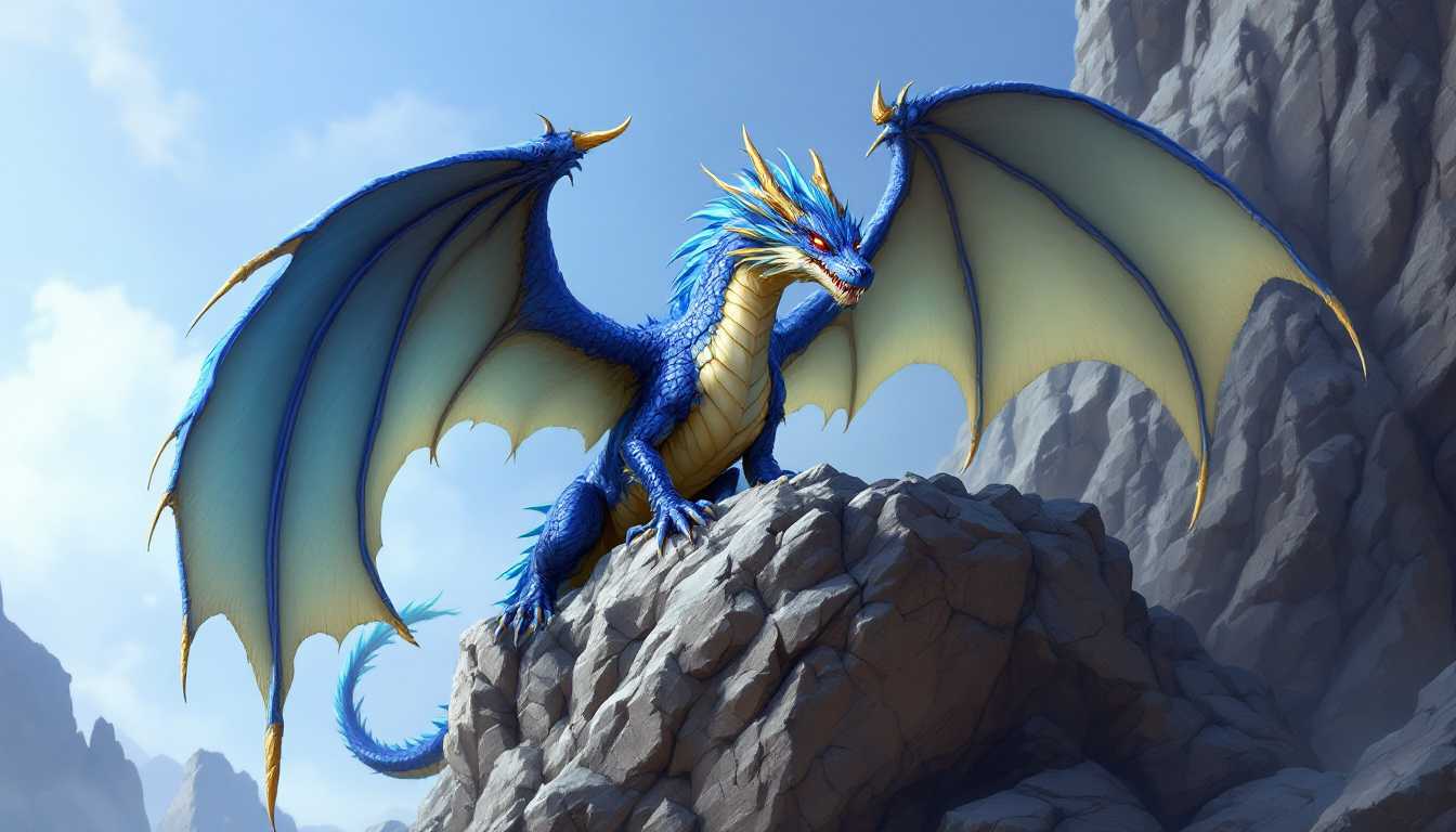 This image is a digital artwork that captures a majestic blue dragon perched atop a rugged rock formation. The dragons scales shimmer with a gradient of blues, from deep navy to light azure, and are intricately detailed with lighter blue highlights and darker blue shadows that give it a realistic texture. Its wings are expansive and feathered, with a similar blue color scheme and a hint of golden highlights on the edges of the wings, which catch the light.The dragons body is muscular and imposing, with a golden underbelly that contrasts sharply with the blue upper body. Its head is turned to reveal a fierce expression, with sharp teeth bared and eyes glowing with a fiery red hue. The dragons horns are curved and tipped with a golden color, adding to its regal and formidable appearance.The rock formation on which the dragon is perched is jagged and uneven, with a rough, textured surface that suggests it has been worn down by the elements over time. The rock is a mix of grays and browns, with some areas showing lighter hues that might be due to mineral deposits or the play of light and shadow.In the background, the landscape is expansive and majestic, with misty mountains that fade into the horizon. The valleys between the mountains are filled with lush greenery, and there are hints of blue skies and white clouds, suggesting a high altitude or a distant view. The overall art style is realistic with fantastical elements, and the medium appears to be digital painting, given the smooth gradients and the lack of brush strokes.The colors in the image are rich and vibrant, with a harmonious blend of cool blues and warm golds, which creates a striking contrast and a sense of depth. The interplay of light and shadow adds to the realism of the scene, and the overall mood of the image is one of awe and fantasy.