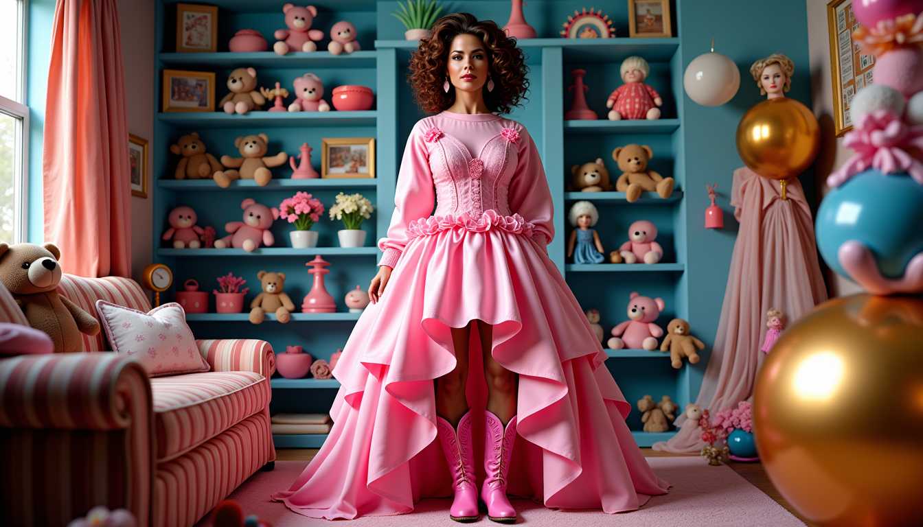 Brooke-LoRA-Zip, Create a photograph of a person standing in a cozy, domestic interior:
- **Subject**: A woman wearing a **loose-fitting, pink sweater dress** with a round neckline and long sleeves, has a brown voluminous long hairstyle with large curls , 
the woman in a voluminous, ruffled pink dress with a fitted bodice and a flared skirt, showcasing a gradient effect from a deep to light pink, giving it a lustrous, satiny texture. The dress features floral embellishments at the neckline and waist. She wears matching bright pink cowboy boots with lace-up detailing and a decorative buckle. 

- **Colors**: Use a vibrant palette dominated by pinks, blues, and browns. The pink of the dress should be particularly striking, contrasting with the darker tones of the room and the blue of a doll's dress.

- **Environment**: The scene is set in a room with shelves to the left, filled with an array of toys and dolls. Include:
  - A teddy bear
  - A doll in a blue dress with a halo
  - A small figure with unique details and expressions
  - In the foreground, place a large, golden, spherical object that could be interpreted as either a toy or a piece of furniture. To the right, scatter smaller toys and figurines.

- **Composition**: 
  - Position the woman centrally, her gaze directly engaging the viewer, creating a focal point.
  - Use a low camera angle to emphasize the grandeur of her dress and the height of the shelves.
  - Frame the scene to highlight the depth and complexity of the objects around her.

- **Style**: 
  - The art should reflect digital painting techniques with smooth color transitions and a lack of traditional painting textures.
  - Incorporate exaggerated proportions typical of fantasy art and playful elements reminiscent of pop art.

- **Mood and Atmosphere**: 
  - Convey a sense of nostalgia and playfulness, with the lighting emphasizing the surreal and whimsical nature of the scene.
  - The time of day should be late afternoon, with soft, warm light filtering through an unseen window, casting gentle shadows that add depth.

- **Technical Aspects**: 
  - Utilize depth of field to blur the background slightly, focusing on the woman and her immediate surroundings.
  - Employ a high level of detail in rendering textures, particularly on the fabrics, toys, and hair.

This prompt aims to create an image that is both visually rich and emotionally engaging, inviting the viewer into an imaginative, fantastical world.