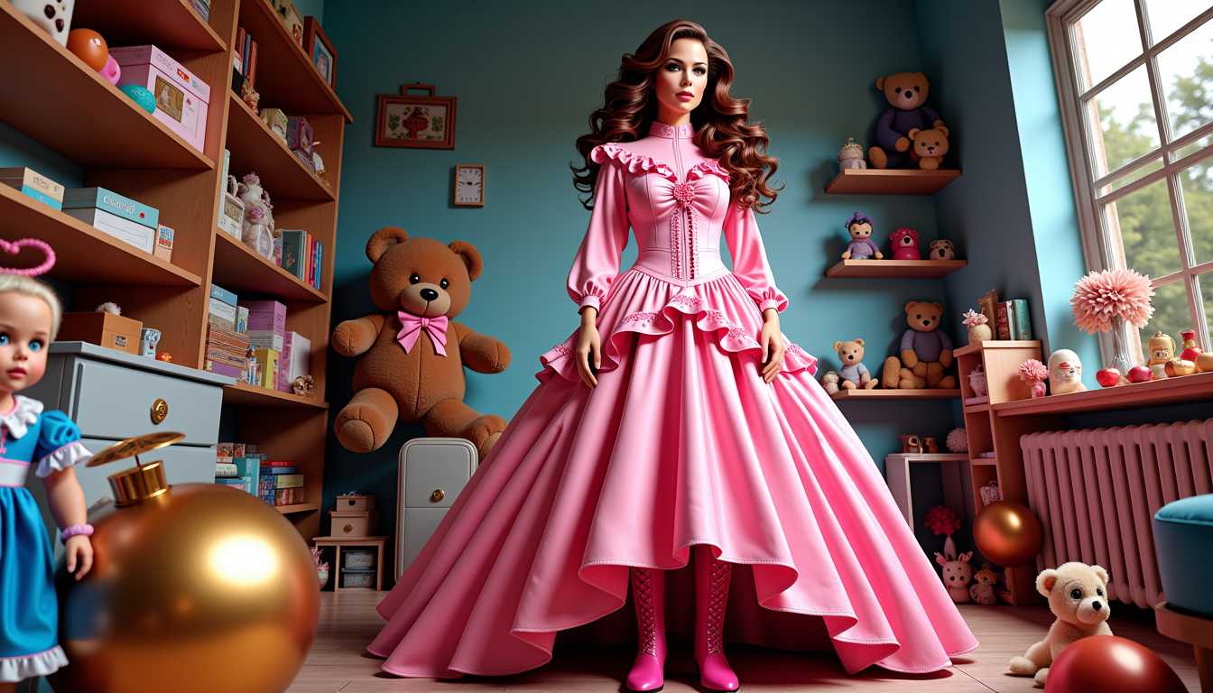 Brooke-LoRA-Zip, Create a photograph of a person standing in a cozy, domestic interior:
- **Subject**: A woman wearing a **loose-fitting, pink sweater dress** with a round neckline and long sleeves, has a brown voluminous long hairstyle with large curls , 
the woman in a voluminous, ruffled pink dress with a fitted bodice and a flared skirt, showcasing a gradient effect from a deep to light pink, giving it a lustrous, satiny texture. The dress features floral embellishments at the neckline and waist. She wears matching bright pink cowboy boots with lace-up detailing and a decorative buckle. 

- **Colors**: Use a vibrant palette dominated by pinks, blues, and browns. The pink of the dress should be particularly striking, contrasting with the darker tones of the room and the blue of a doll's dress.

- **Environment**: The scene is set in a room with shelves to the left, filled with an array of toys and dolls. Include:
  - A teddy bear
  - A doll in a blue dress with a halo
  - A small figure with unique details and expressions
  - In the foreground, place a large, golden, spherical object that could be interpreted as either a toy or a piece of furniture. To the right, scatter smaller toys and figurines.

- **Composition**: 
  - Position the woman centrally, her gaze directly engaging the viewer, creating a focal point.
  - Use a low camera angle to emphasize the grandeur of her dress and the height of the shelves.
  - Frame the scene to highlight the depth and complexity of the objects around her.

- **Style**: 
  - The art should reflect digital painting techniques with smooth color transitions and a lack of traditional painting textures.
  - Incorporate exaggerated proportions typical of fantasy art and playful elements reminiscent of pop art.

- **Mood and Atmosphere**: 
  - Convey a sense of nostalgia and playfulness, with the lighting emphasizing the surreal and whimsical nature of the scene.
  - The time of day should be late afternoon, with soft, warm light filtering through an unseen window, casting gentle shadows that add depth.

- **Technical Aspects**: 
  - Utilize depth of field to blur the background slightly, focusing on the woman and her immediate surroundings.
  - Employ a high level of detail in rendering textures, particularly on the fabrics, toys, and hair.

This prompt aims to create an image that is both visually rich and emotionally engaging, inviting the viewer into an imaginative, fantastical world.