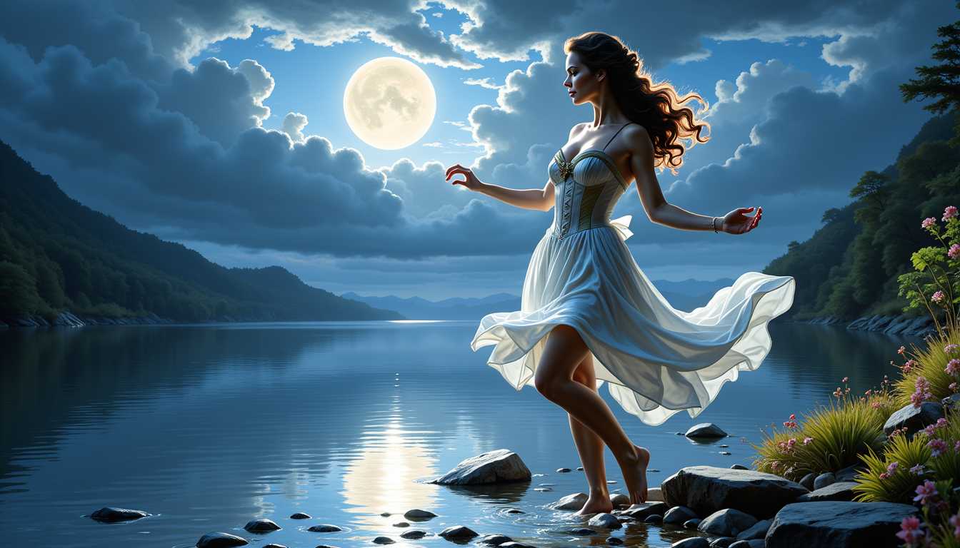 Brooke-LoRA-Zip, **Image Prompt:**

In a serene and ethereal scene, visualize ****, the Nymph, looks to the viewer, who embodies the grace and allure of Brooke Burns, dancing on the moonlit beach of a tranquil lake. Her **full body** is captured in a dynamic pose, emphasizing fluid movement, with every muscle and flow of fabric rendered in exquisite detail. 

**Visual Details:**
- **Face and Eyes:** Her face is detailed with a focus on her clear, expressive eyes, capturing the essence of her beauty with a blend of Artgerm's refined lines and the subtle color palette of Rubens. Her ancient brown hairstyle cascades in gentle waves, framing her features with an air of timeless elegance.
- **Lighting:** The scene is bathed in the soft, silvery glow of moonlight, casting long shadows and highlighting the contours of her form and the surrounding landscape. The reflection of the float on the water creates a mesmerizing pattern of light and shadow.
- **Colors:** The palette is cool and subdued, with blues, silvers, and whites dominating, punctuated by the warm tones of her skin and the occasional vibrant hue from the surrounding flora.

**Style:**
- The image is inspired by the **Hudson River School** painting style, evoking a romanticized view of nature, combined with the modern, detailed rendering techniques of Artgerm. The scene captures the grandeur and the delicate beauty of the natural world as if through the eyes of these legendary artists.

**Composition:**
- **Subject Positioning:** The Nymph is centered, her dance creating a focal point that draws the eye, yet she is part of the larger, harmonious scene. 
- **Camera Angle:** A slightly low angle shot that emphasizes her stature and the vastness of the landscape behind her, making her seem both ethereal and grounded in the natural setting.
- **Framing:** The frame is wide, encompassing the full body of the Nymph, the shimmering lake, and the distant mountains of Ancient Greece, providing depth and context to her performance.

**Mood and Atmosphere:** **dark night mood**
- The mood is tranquil and mystical, with a sense of timelessness. The air is crisp, the night quiet except for the gentle lapping of water against the shore. The dark atmosphere is charged with a sense of ancient magic and wonder.

**Technical Aspects:**
- The image should be rendered in **8K resolution** for an ultra-detailed execution, ensuring that every texture, from the sand to the water's surface, is lovingly crafted. The lighting should be meticulously managed to enhance the