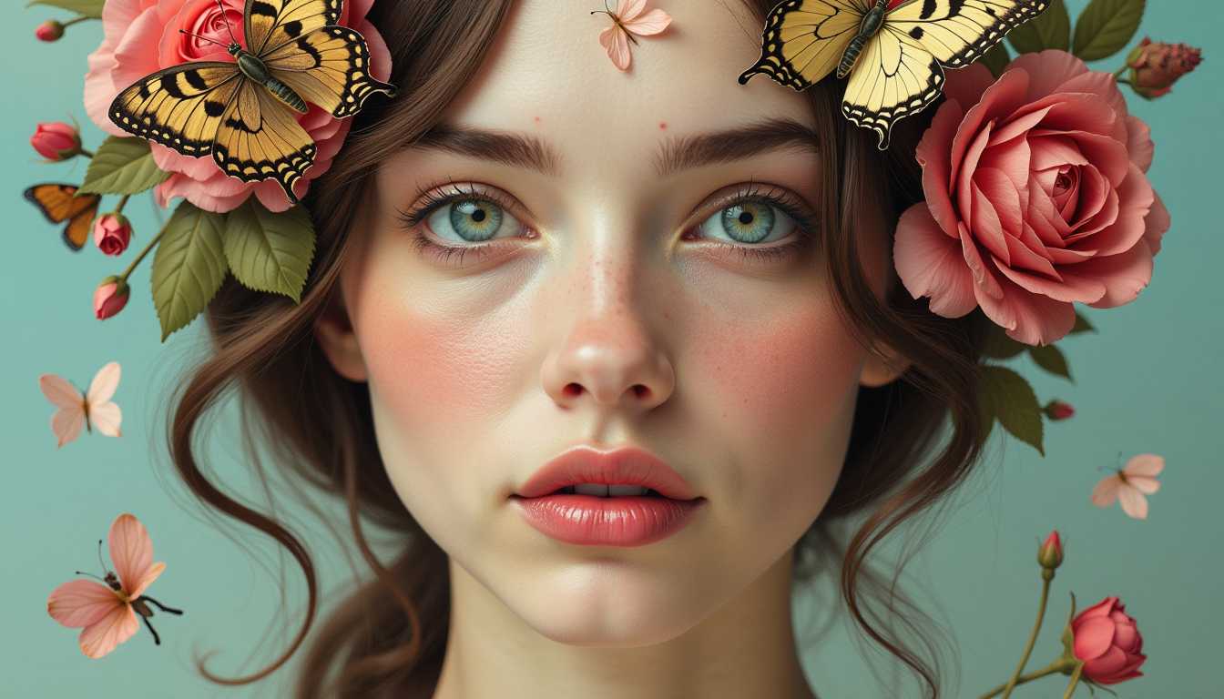Create an image of a **Portrait of a Young Woman**, light-skinned, in her late teens or early twenties, with **delicate facial features** and a **serene expression**. Her face is adorned with **intricate, layered butterflies and flower petals** in an **antique or Renaissance-style painting detail**, creating a **visual tapestry**. 

- **Hair**: Styled in loose waves with **flowers and butterflies woven in**, enhancing the natural beauty.
- **Eyes**: Light blue, conveying **tranquility**.
- **Lips**: Deep, passionate red.
- **Composition**: Positioned in a **three-quarter view**, with **floral and butterfly embellishments** surrounding her face, evoking a **garden or floral still life**.
- **Background**: A **light blue sky** subtly visible, suggesting an **outdoor setting**.
- **Colors**: **Rich and vivid**, with **soft lighting** to create a **romantic, serene atmosphere**.
- **Artistic Style**: A fusion of **photorealism** and **surrealism**, incorporating **botanical art** elements. Use a **soft-focus technique** for depth and dimension.
- **Details**: Butterflies in **varying shades and patterns**, roses, and other **floral elements** to frame the face, adding to the **decorative atmosphere**.
- **Perspective**: **Close-up** on the face, emphasizing the **intricate details** of the **texture**, resembling a **high-quality painting**.
- **Mood**: The subject displays a **contemplative mood**, not engaging directly with the viewer, enhancing the **sense of tranquility** and **mystery**.