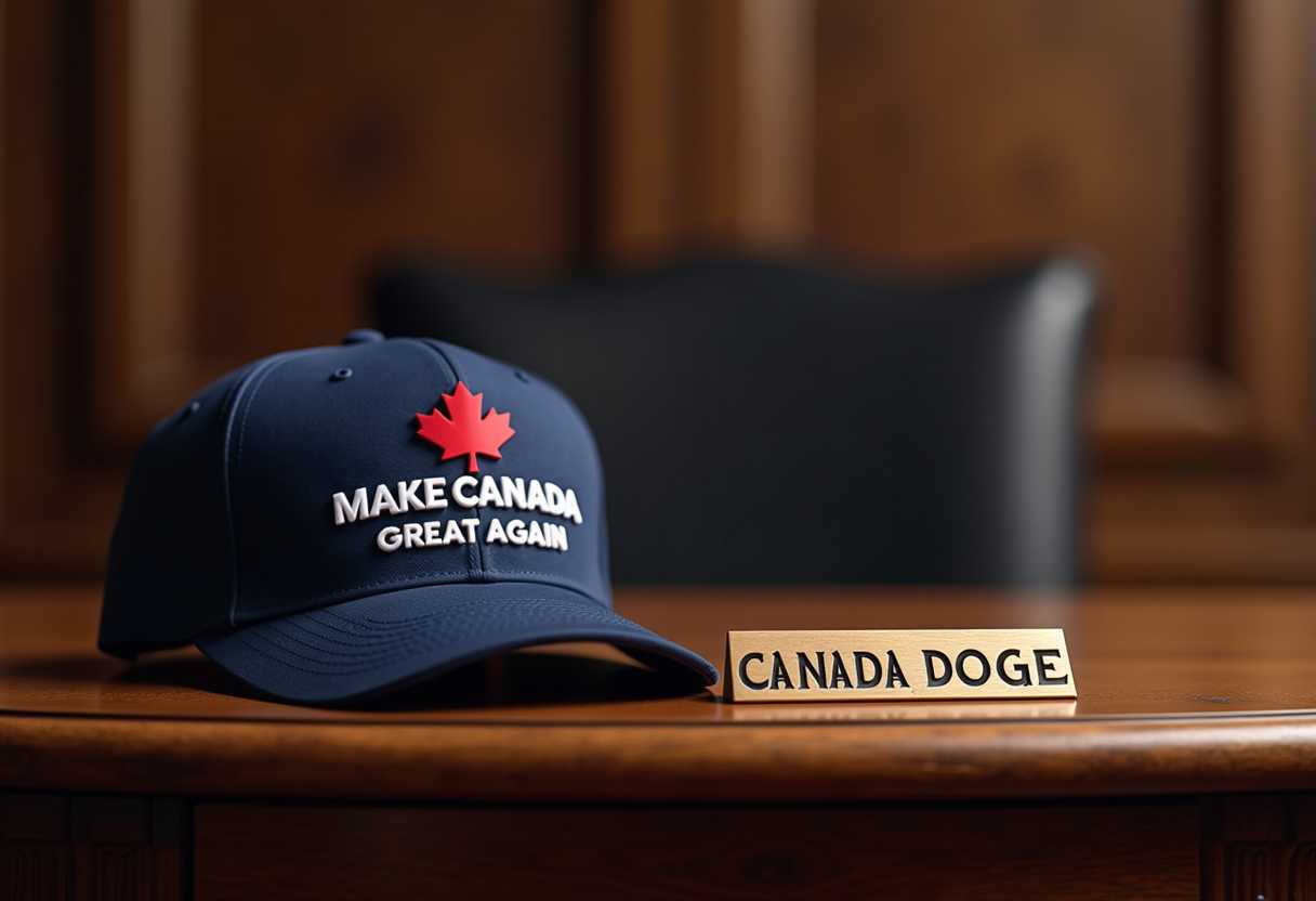 Create a image of a oak desk in a round office, on the corner of the desk a oak wood brass name that reads "CANADA D.O.G.E." and a navy blue hat with the words "MAKE CANADA GREAT AGAIN" above the text a red maple leaf 🍁 facing viewer 