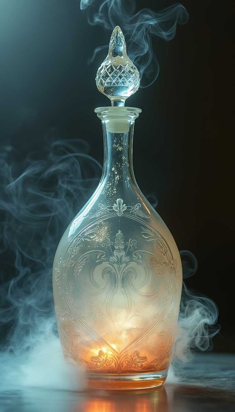 A delicate, ornate transparent bottle with an elongated neck and intricate etchings on the surface, filled with a luminous, shimmering liquid that seems to glow from within, accompanied by a wispy cloud of ethereal smoke swirling at the bottom, evoking an aura of mystique and enchantment, set against a subtle, muted background that allows the bottle to take center stage, with warm, soft lighting that highlights the delicate contours of the glass and the dreamy, whimsical quality of the smoke.



