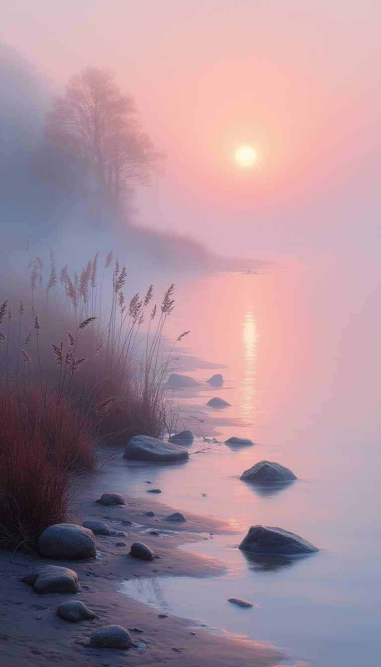 A gently pink sunset bathes the landscape in a soft, ethereal light, shrouded in thick mist. Along the sea shore, clusters of reeds and scattered stones emerge from the haze, their shapes merging in a subtle sfumato effect. With high detail and resolution, this image captures the serene beauty of the scene, emphasizing the peaceful atmosphere and the calm stillness of the water. This painting evokes a sense of tranquility and contemplation, inviting viewers to immerse themselves in the quiet elegance of the moment.


