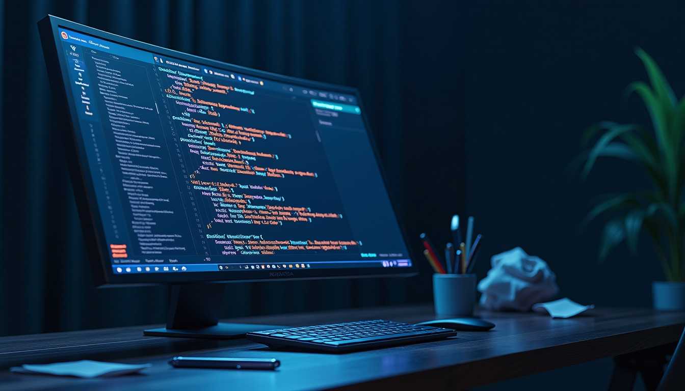 a futuristic, neon-lit coding environment with a large, curved screen at the center displaying a HTML ordered list, with each list item highlighted in a bold, cyan font, surrounded by snippets of JavaScript code in a bright, electric blue and CSS syntax in a deep, burnt orange, the code scrolled through with a sleek, silver cursor, the screen's edges blurred with a subtle, grayish glow, reflecting off the dark, polished wooden desk it sits on, with a few scattered, crumpled up pieces of paper and a lone, metallic pen lying nearby, the background a dark, gradient blue with subtle, circuit board-like patterns etched into it, the overall atmosphere tense and focused, like a programmer on the verge of a breakthrough.


