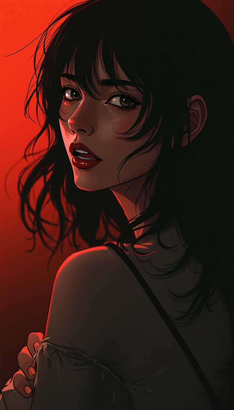 Create an intense, evocative portrait in the Japanese retro anime style of the 80s and 90s. The scene features a feale bathed in deep dark light. The background is stark, with sharp contrasts highlighting the contours of he form. The red and orange and black palette intensifies the mood, evoking a sense of mystery and allure. Subtle film grain and meticulous shading add depth and texture, emphasizing the emotional gravity of the scene. The lighting creates a chiaroscuro effect, accentuating her expressive pose and the intense atmosphere. black hair