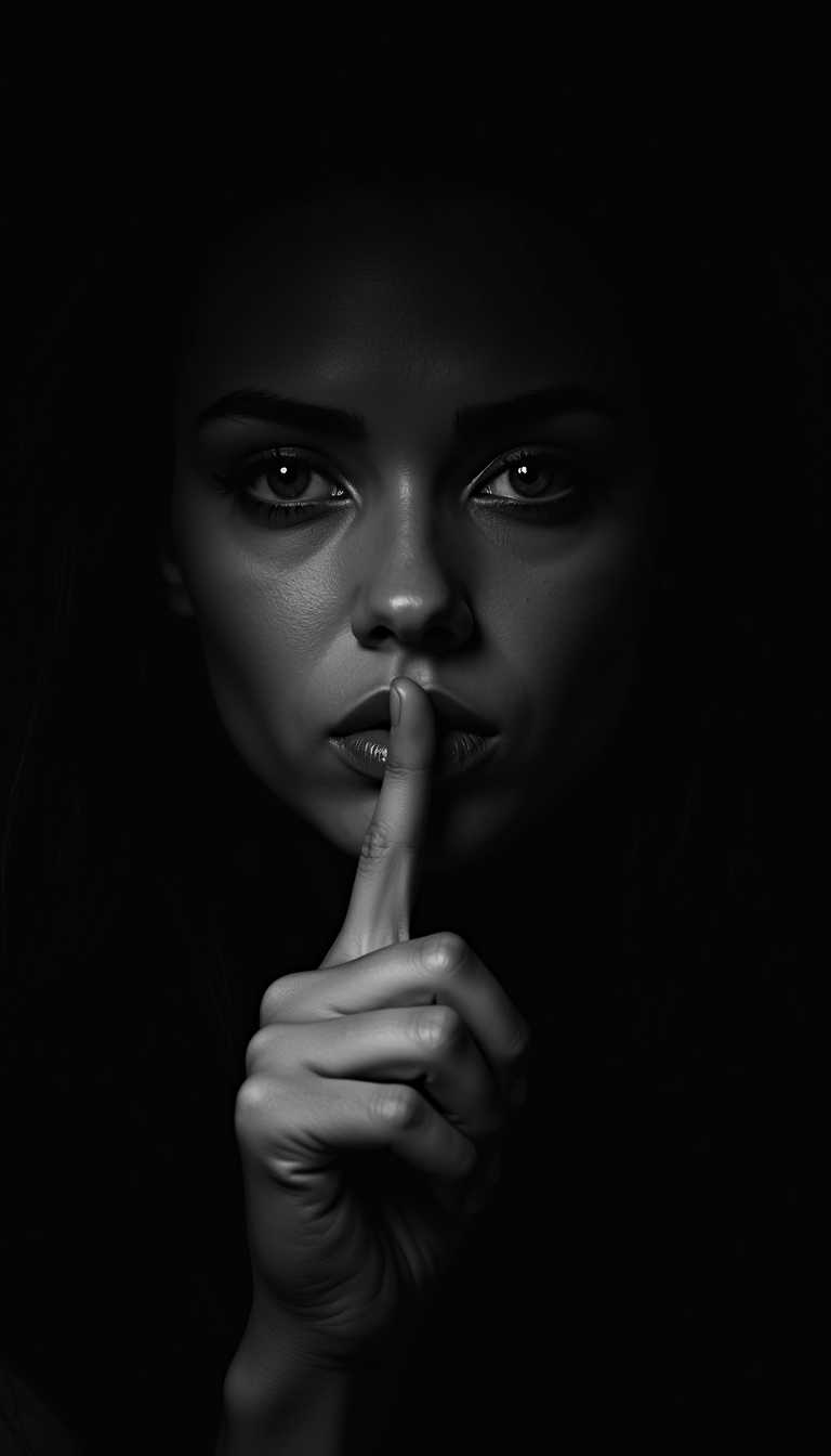 This photograph is a striking black-and-white portrait that creates a mysterious atmosphere. The main subject is a woman's face, partially hidden in darkness. The only clearly visible side of her face is illuminated by soft light, highlighting her cheek, lips, and eye.

The woman holds the tip of her index finger against the center of her lips—a classic "silence" gesture, often symbolizing secrecy, mystery, or a call for quietness. Her gaze appears intense, deep, almost hypnotic, as if she is observing or hiding something.

The strong contrast between light and shadow adds drama and artistic depth. The background is completely black, creating a sense of isolation and mystery. This visual choice directs the viewer’s attention solely to the woman’s face and her gesture.

The overall atmosphere of the image is enigmatic, perhaps even slightly provocative, leaving plenty of room for interpretation.
​​


