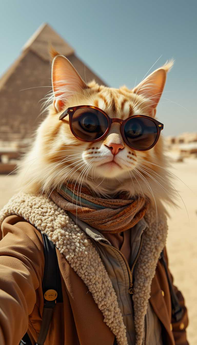 High-definition photography, an anthropomorphic cat, selfie shot. A long-haired, light beige cat taking a selfie while traveling in Egypt. It is dressed in a stylish outfit and wearing sunglasses, standing with the pyramids in the background. Portrait photography, realistic style, ultra-detailed, masterpiece, 16K.