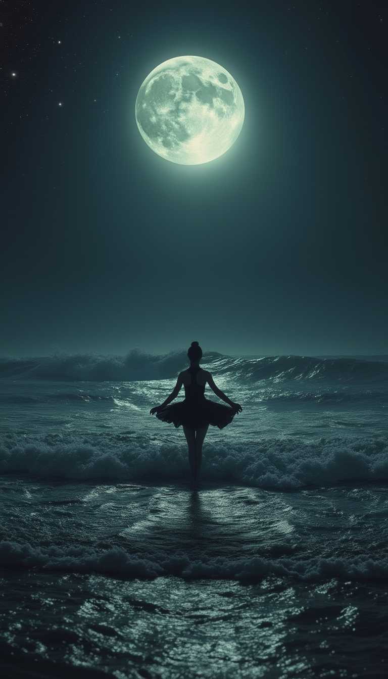 The Earth's oceans display altered tides with unusually large waves, moving irregularly towards the shores. The ocean surface appears dark, subtly reflecting the dim glow of the Moon. A mysterious crack on the Moon emits a soft, eerie light, partially illuminating the Earth. The lunar light is faint, making the turbulent waters appear even darker while subtly reflecting its glow. In the foreground, a ballerina dances gracefully on the shore, her figure appearing as a black silhouette against the glowing lunar light. The background is a deep, dark space with a few bright stars.