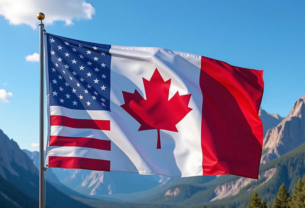 Create an Alberta Flag, with an a Alberta Logo in the center, merges into a US flag, red, white, blue on a pole, with rockies in background sunny blue skies