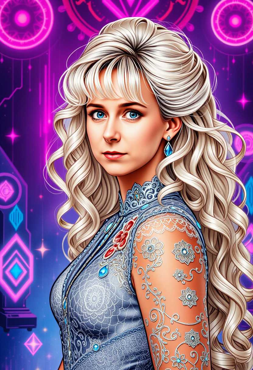 MO-LoRa-Zip3, Waist-up portrait of a fashionable princess with a long, curly white-blonde hairstyle, her beautiful face featuring detailed, expressive eyes, set against a backdrop inspired by Karol Bak's surreal and mystical art. She wears an elegant gown adorned with lace, filigree, and geometric patterns, illuminated by neon lights and glowing bioluminescent elements. The composition employs a dynamic, highly polished style, with intricate line art softly washed with watercolor, creating smooth transitions between sharp focus and ethereal ambiance. 

Influenced by Carne Griffiths' bold textures, Wadim Kashim's intricate line work, and Carl Larsson's light and airy compositions, the artwork showcases:

- **Visual Details**: Emphasis on texture contrasts with lace and filigree, neon lights casting dynamic shadows, and bioluminescent accents. The hair has a luminous quality, reflecting light to highlight its curls and volume.

- **Artistic Style**: A fusion of hyper-realistic character design reminiscent of Pascal Blanche, combined with matte painting techniques, rendering a scene that's both cinematic and painterly. 

- **Composition**: The subject is framed using the golden ratio, with a dramatic and expressive camera angle that enhances the depth and storytelling. The layout balances intricate details with open, airy spaces, creating a visual flow.

- **Mood and Atmosphere**: The scene evokes a sense of enchantment and mystery, with the time of day being twilight, where neon and bioluminescence play with the natural light to cast an otherworldly glow.

- **Technical Aspects**: Utilizes sharp focus to highlight the subject's details, smooth transitions to blend different art styles, and employs dynamic lighting to guide the viewer's eye through the composition.

This artwork is a masterpiece of intricate design and flowing line art, highly polished with a balanced composition, designed to captivate and trend on platforms like CGSociety and Artstation.