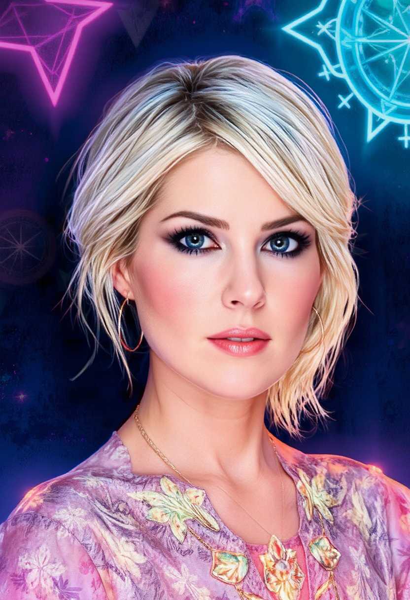 Dido-LoRA12, Waist-up portrait of a fashionable princess with a long, curly white-blonde hairstyle, her beautiful face featuring detailed, expressive eyes, set against a backdrop inspired by Karol Bak's surreal and mystical art. She wears an elegant gown adorned with lace, filigree, and geometric patterns, illuminated by neon lights and glowing bioluminescent elements. The composition employs a dynamic, highly polished style, with intricate line art softly washed with watercolor, creating smooth transitions between sharp focus and ethereal ambiance. 

Influenced by Carne Griffiths' bold textures, Wadim Kashim's intricate line work, and Carl Larsson's light and airy compositions, the artwork showcases:

- **Visual Details**: Emphasis on texture contrasts with lace and filigree, neon lights casting dynamic shadows, and bioluminescent accents. The hair has a luminous quality, reflecting light to highlight its curls and volume.

- **Artistic Style**: A fusion of hyper-realistic character design reminiscent of Pascal Blanche, combined with matte painting techniques, rendering a scene that's both cinematic and painterly. 

- **Composition**: The subject is framed using the golden ratio, with a dramatic and expressive camera angle that enhances the depth and storytelling. The layout balances intricate details with open, airy spaces, creating a visual flow.

- **Mood and Atmosphere**: The scene evokes a sense of enchantment and mystery, with the time of day being twilight, where neon and bioluminescence play with the natural light to cast an otherworldly glow.

- **Technical Aspects**: Utilizes sharp focus to highlight the subject's details, smooth transitions to blend different art styles, and employs dynamic lighting to guide the viewer's eye through the composition.

This artwork is a masterpiece of intricate design and flowing line art, highly polished with a balanced composition, designed to captivate and trend on platforms like CGSociety and Artstation.