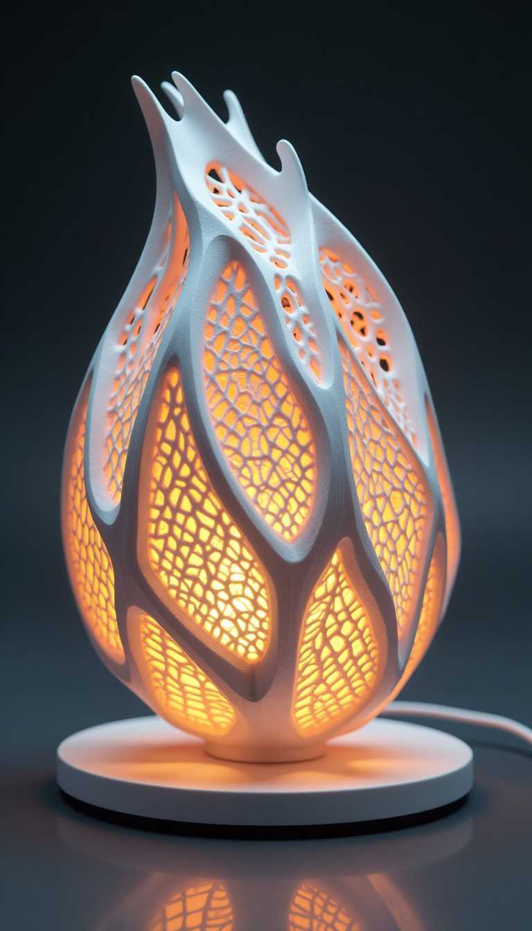 Futuristic 3D-printable lamp, sleek parametric design, organic curves and geometric patterns, intricate lattice structure, bioluminescent-inspired glow, cyberpunk and sci-fi aesthetics, high-detail, FDM/SLA optimized, dynamic lighting effects, minimal support structure, smooth and elegant form, ultra-modern home decor


