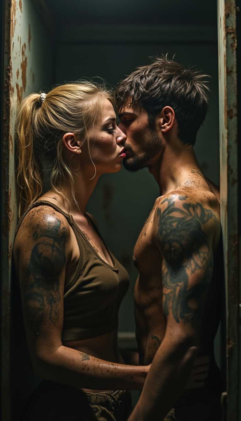 In a dimly lit cupboard, a male and female aged in their 20’s are locked in a tense confrontation. The blonde tattooed woman, her long hair tied up and matted with mud, kisser her boyfriend, whose short, damp dark hair clings to his forehead as he cries uncontrollably. Both are wearing torn clothes, their bodies covered in thick, brown sludgy mud that contrasts with their pale skin. The light filters through the narrow gaps of the cupboard, casting dramatic shadows on their weary faces, highlighting their sweat-slicked skin and gaunt frames. The atmosphere is heavy with desperation, as they face each other, their eyes filled with a mix of anger, fear, and longing.
