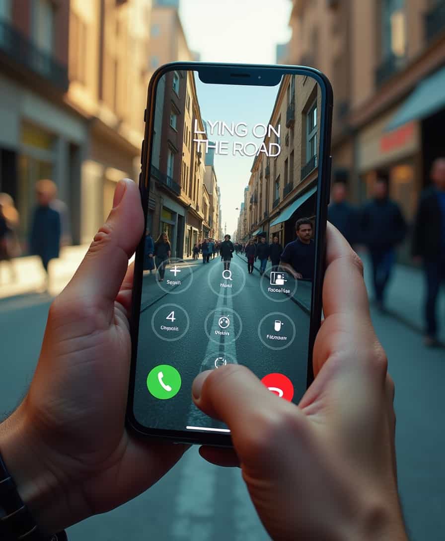 A smartphone displaying a city street scene with people walking and cars driving.  Hands are holding the phone, and a finger is pressing the dial pad.  The phone interface has a futuristic, glowing dial pad. The street shows buildings with shops and people.  The scene appears to be a city street during daytime with sunlight.  The perspective is from a slightly elevated viewpoint looking down at the street through the phone screen.  The color palette is a realistic representation of daylight, with warm tones on the buildings and cool tones on the street.  The image style is photorealistic, with realistic human figures in the scene.  The text "LYING ON THE ROAD" is prominently displayed in the lower middle section.  The overall tone is dramatic and potentially related to a story about cats or animals.
