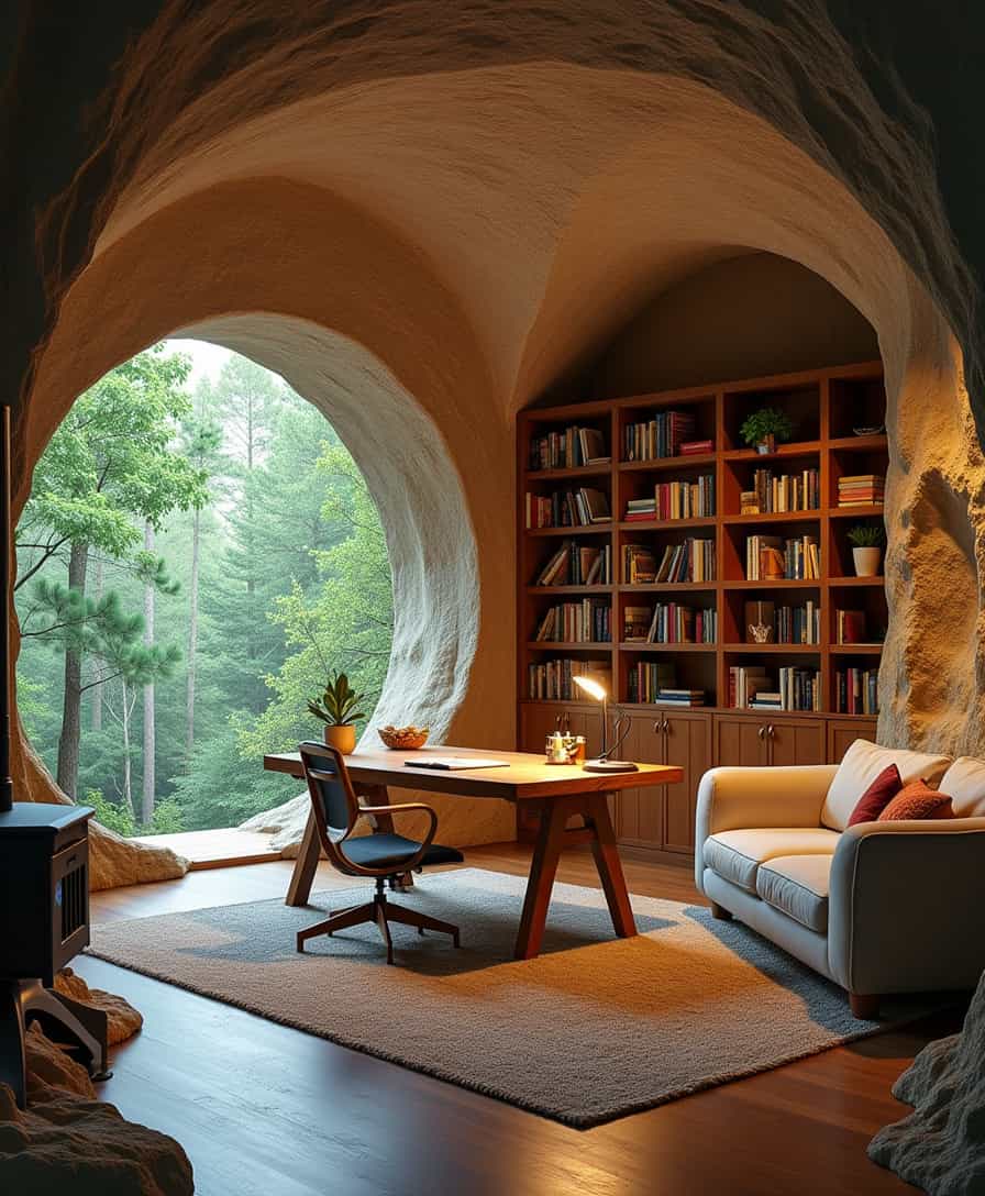 An open-air cave. There is a bookshelf on the wall, a large wooden desk in the center, a light for study on the desk, and a wooden chair. A sofa that looks comfortable. A small fireplace on one side. It's a large space. Outside, it's a forest. It feels nature-friendly and it feels free and friendly.