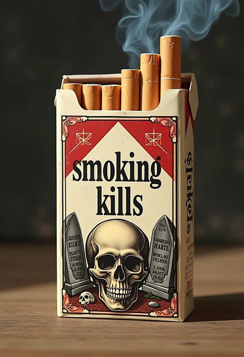 Generate a highly realistic image of a cigarette pack adorned with skulls and tomb stones 1950's retro similar to Camel or Marboro and with text that reads "smoking kills"
