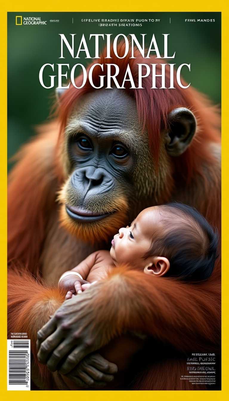 Create a cover for the National Geographic Magazine with a breathtaking wildlife photography of a female Orang Utan monkey holding a human baby in her arms. The monkey looks with a sad face to the baby, professional photography, Canon EOS 1 Ds Mark III, tele, 70 mm, bokeh. The cover is surrounded with a yellow border and the title "National Geographic"