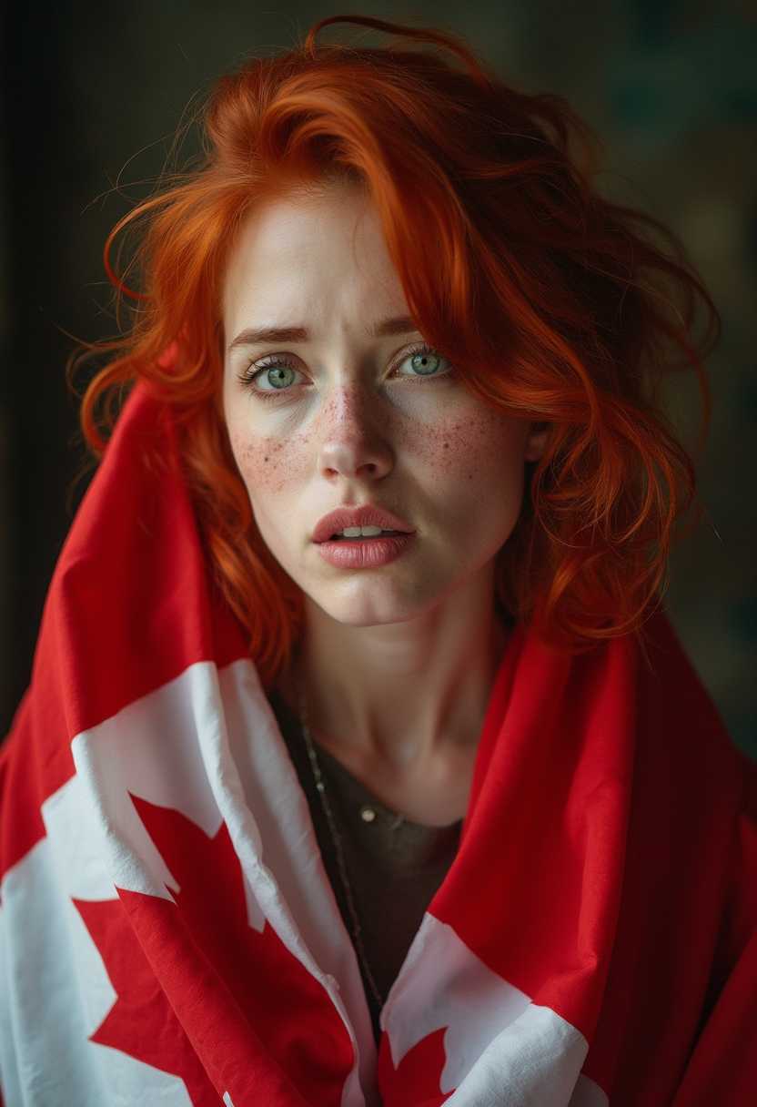 colored photograph portrait of very sad years and distressed woman, red hair, freckles, covered in the Canadian flag , hyper realistic photorealistic dynamic pose
