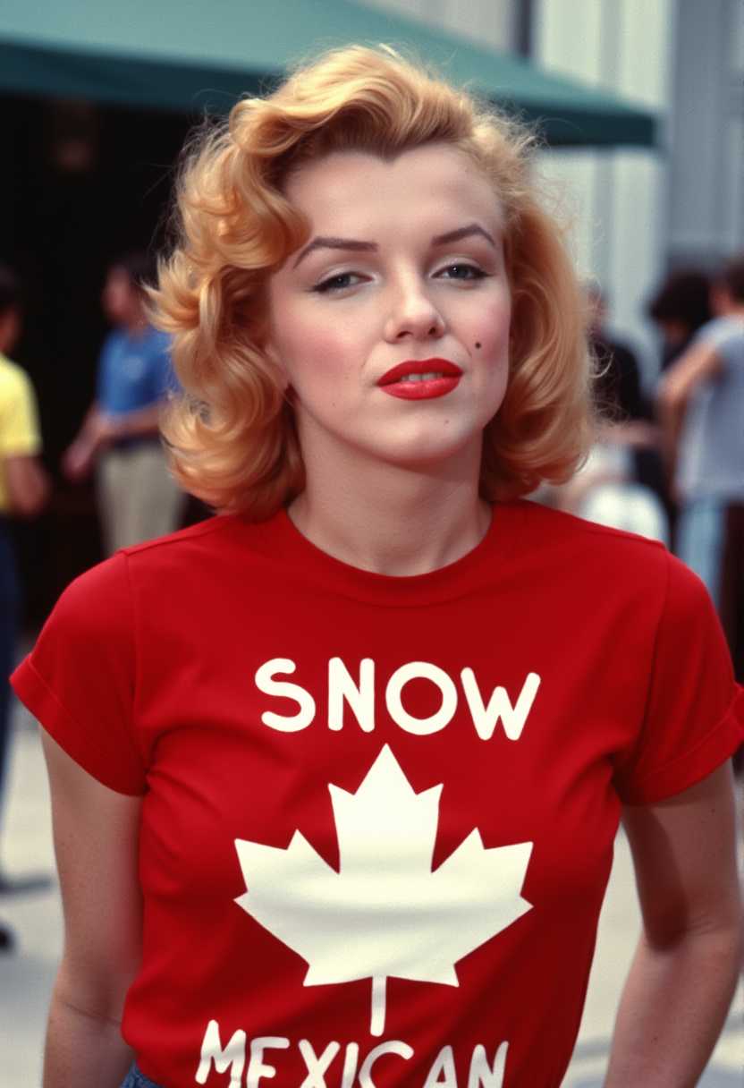 a photo of MONROE, beautiful woman wearing a red t-shirt with the words that read "SNOW MEXICAN" with a white maple leaf in the center