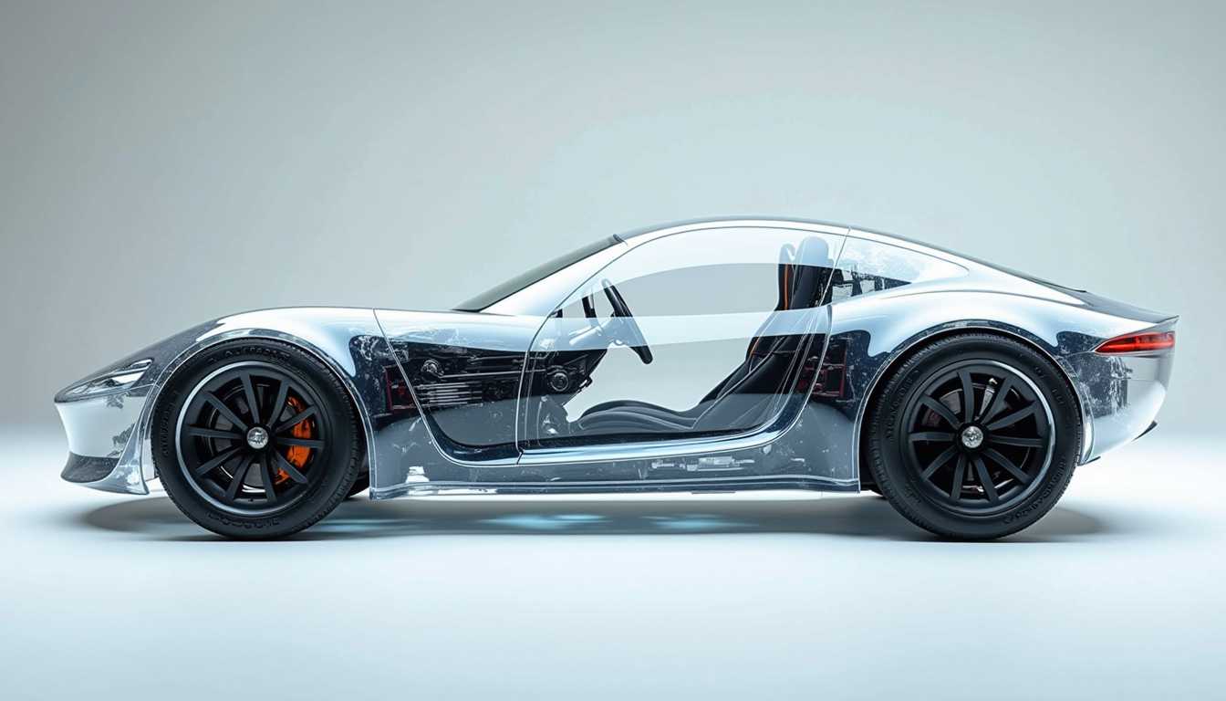 side view, plexiglass translucent futuristic car in a sharp studio, the body of the car is completely see-through soft aesthetic contrasting against the background, smooth curves and contours, deep textured off-road tires, soft studio lighting, high precision photography, blocks of text and layers of depth ordered neatly on the car, clean and sleek, accenting shadows, clear wiring and mechanical engineering contrasting inside the anatomy of the car