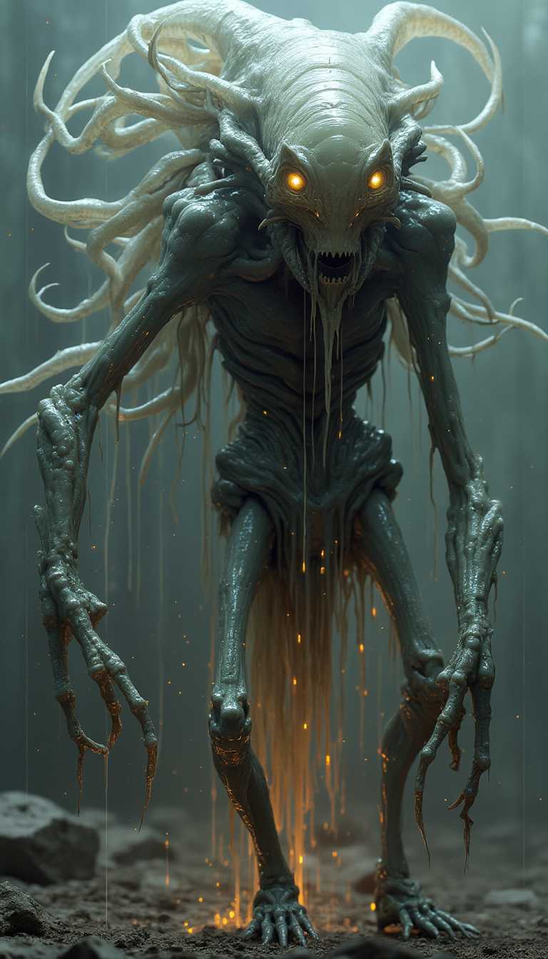 An extremely bizarre and otherworldly monster, its form defying conventional biology. Its face is an amalgamation of shifting, unrecognizable features—constantly morphing, as if reality itself struggles to define its existence. Its skin is a pulsating, translucent membrane, revealing glimpses of writhing tendrils and shifting bones beneath.Multiple asymmetrical appendages extend from its grotesque body, some resembling jagged insect-like limbs, while others ooze and twist like amorphous, liquid flesh. Its eyes—if they can be called that—appear and vanish unpredictably, glowing with an unsettling, alien light. Strange, bioluminescent patterns flicker across its surface, pulsating in an erratic rhythm, as if transmitting an incomprehensible message.The creature exists in a state of flux, partially phasing between dimensions, its outline distorting and glitching like a corrupted digital entity. It radiates an aura of pure, incomprehensible horror, evoking a primal fear of the unknown.