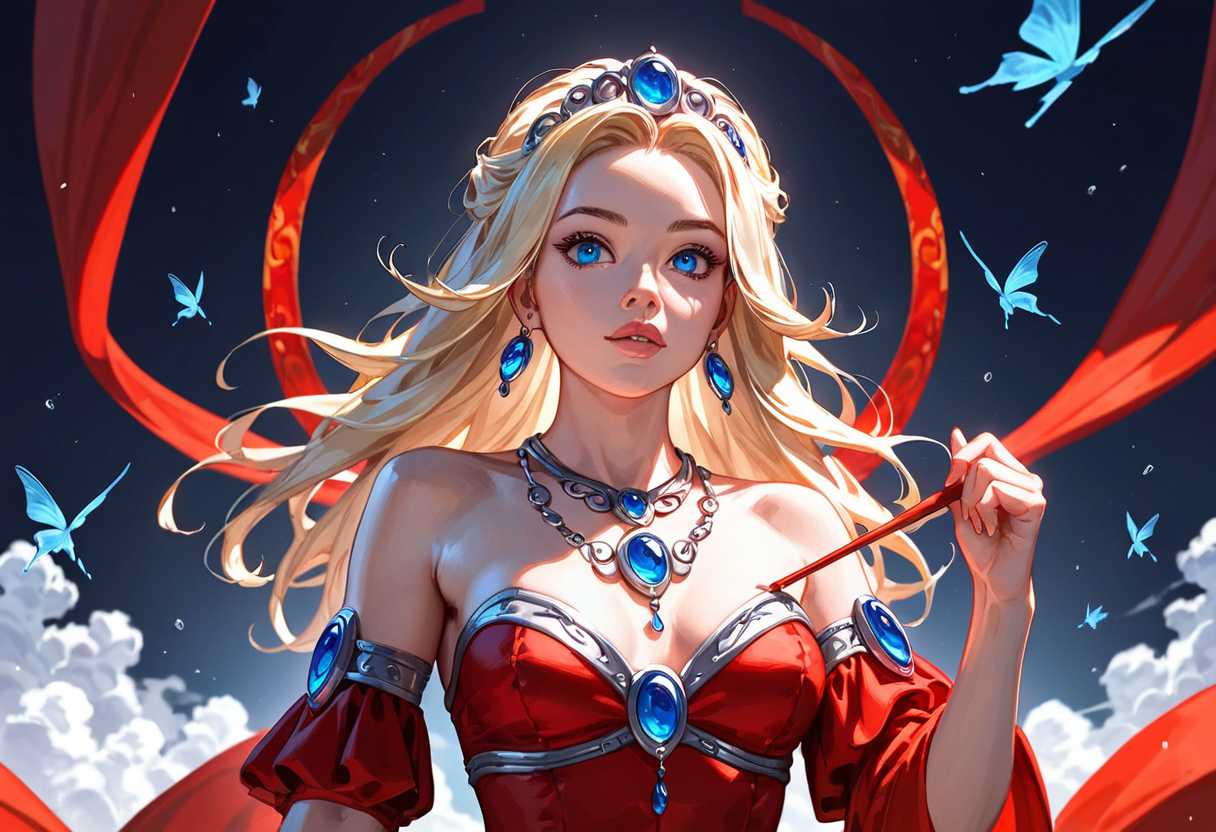 FantasyWomanSDLoRa Artgerm's painting of a nymph, blonde curls, elegant dark red silk dress, clear blue eyes, blue spherical light, model-like allure, detailed skin, hair, clothing, lips, eyes, alluring body, beautiful face, light attire, global illumination, ray tracing, photorealistic, hyper detailed, 4k, vibrant colors