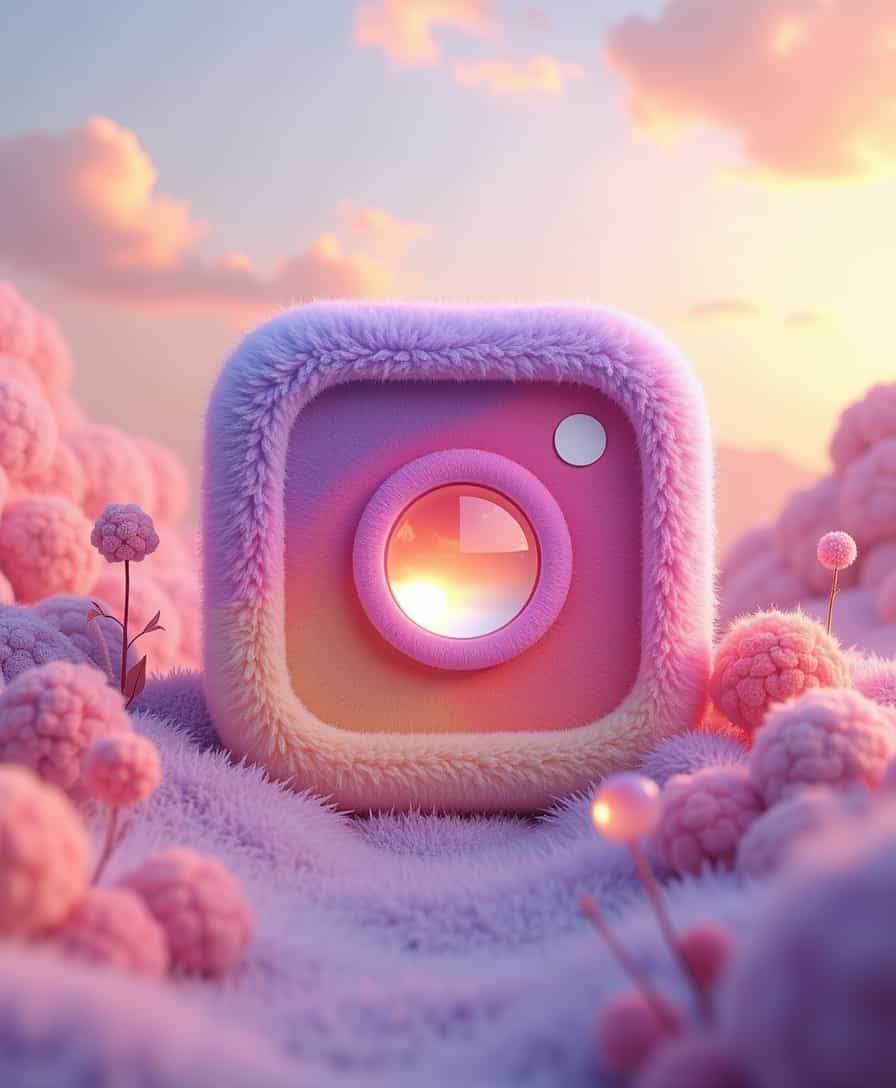 A surreal and dreamy Instagram logo made of soft, plush fabric with a fluffy texture. The logo has smooth, rounded edges and a gradient of pink, purple, and peach colors. The central camera lens is glossy and reflective, resembling a crystal ball capturing a serene sunset. The background features a whimsical, pastel-colored fantasy landscape filled with fuzzy plants and delicate flowers in shades of lavender, peach, and baby pink. The sky has a warm, soft glow, creating a magical and ethereal atmosphere.