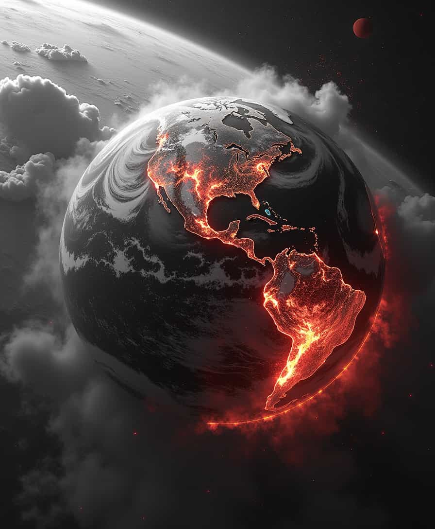 black and white A stunning view of Earth from space in its primordial state, a chaotic, lifeless world consumed by fire and destruction. The surface is covered with huge volcanoes that erupt violently and rivers of molten lava carve out the cracked, arid earth. Thick clouds of ash and smoke rise into the atmosphere, partially obscuring the planet. Intense red and orange glows contrast with the darkness of space, emphasizing the raw, untamed power of the early Earth. The scene is drawn in an epic manga style, with dramatic shading, high contrast and glowing effects, similar to iconic moments from shows like Berserk or One Punch Man in black and white.