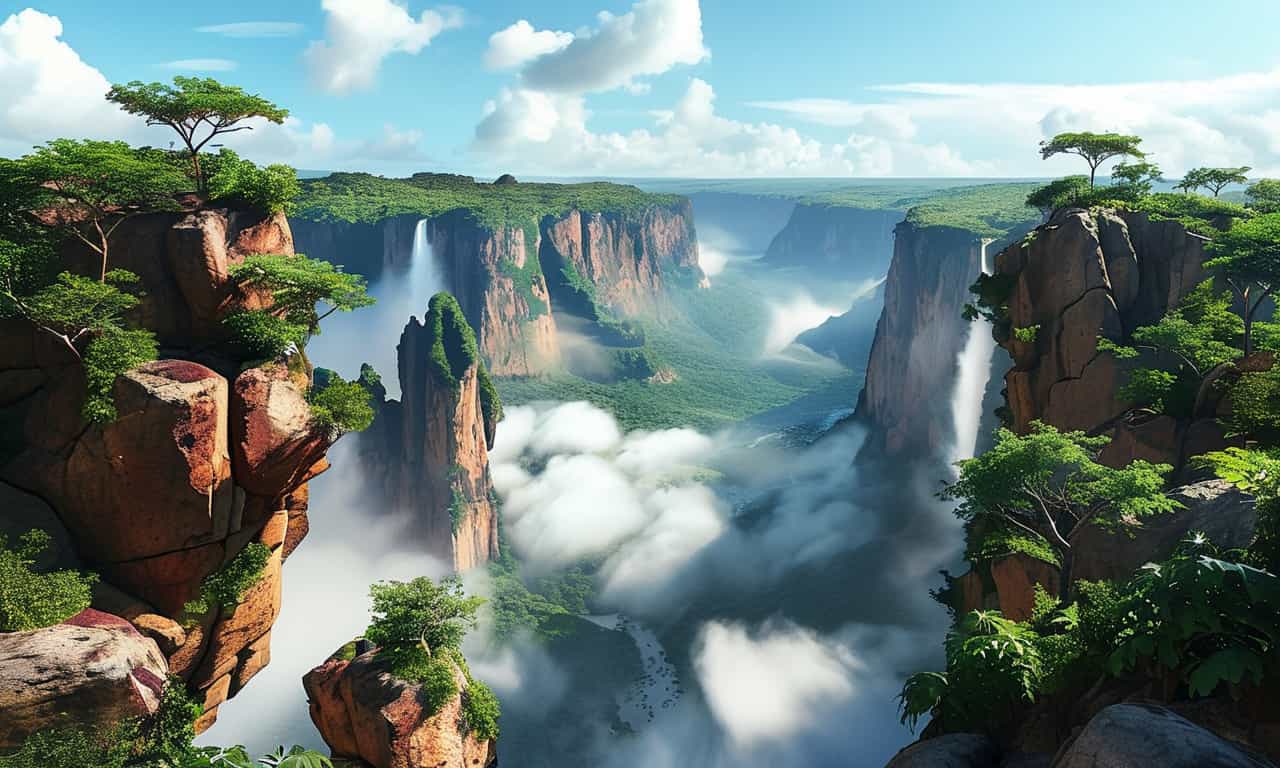 The Canaima National Park Venezuela + High Rocks, Stones and plants with the most accurate detail + photorealistic + hyper realistic + hyper detailed + hdr + fxaa + 8K vibrance


