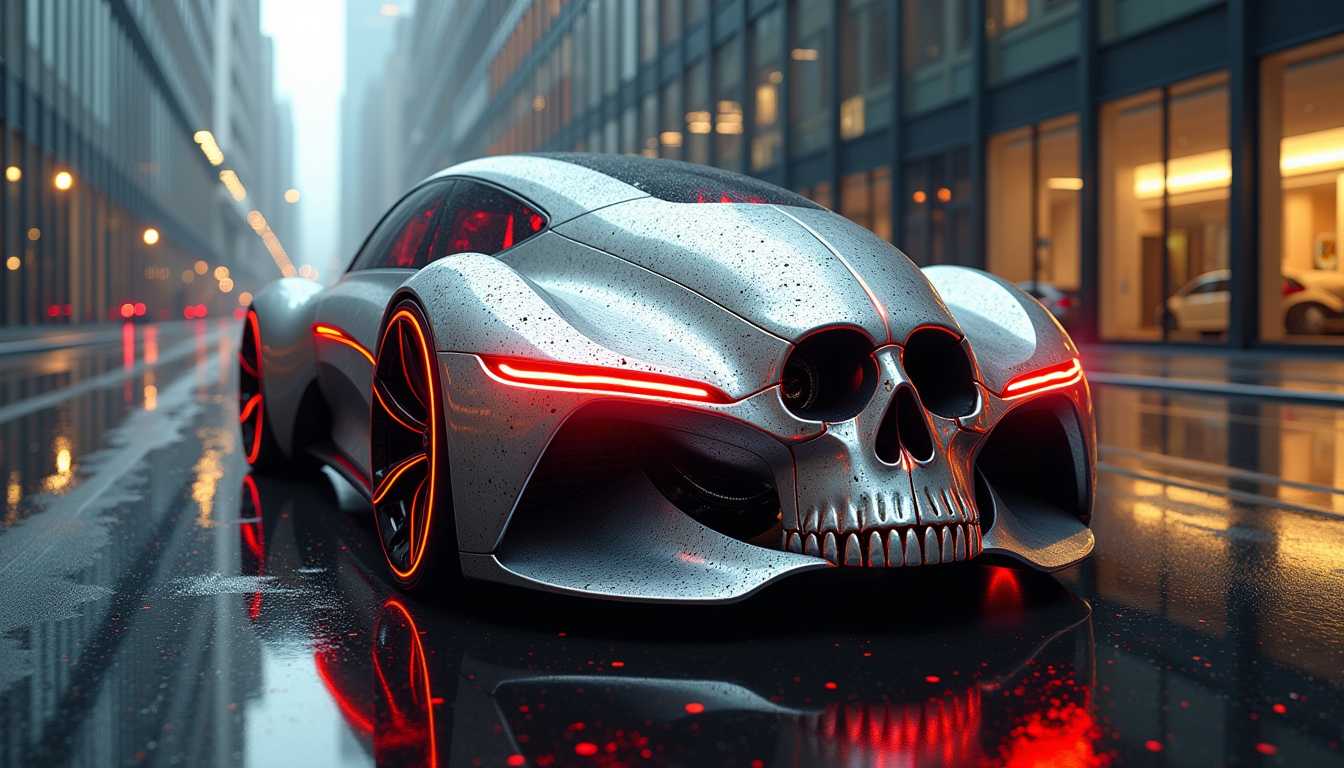 Car Concept: Immersed in a modern urban backdrop, this innovative transportation design is presented on a glossy wet street, where reflections from tall glass buildings enhance the scene's metropolitan vibe. The vehicle's edgy, streamlined shape is accentuated by striking red LED lights, emphasizing its futuristic aesthetics. In this creative twist, the vehicle's exterior features intricate textures akin to a realistic fake human skull, with painted elements that mimic the details of a cranium—complete with lifelike eye holes and subtle surface variations that evoke a sense of realism.

The color palette showcases metallic hues with bold red accents, visually highlighting the advanced technology inherent in the design. As the vehicle glides over the slick pavement, its surface reflects the ambient lighting, creating a mesmerizing interplay of gloss and shadow. The juxtaposition of the car’s high-tech elegance with the skull-like textures invites viewers to appreciate not only the vehicle's innovative features but also the artistry in its design.

Surrounding the vehicle, the minimalist yet vivid urban environment enhances the overall composition, drawing attention to the vehicle's unique characteristics. The subdued yet strategic lighting captures the essence of the scene, allowing the intricate details of the vehicle to shine while echoing the lifelike qualities of the human skull. This fusion of high-tech transport and organic artistry creates a captivating visual narrative that challenges perceptions of both technology and design.