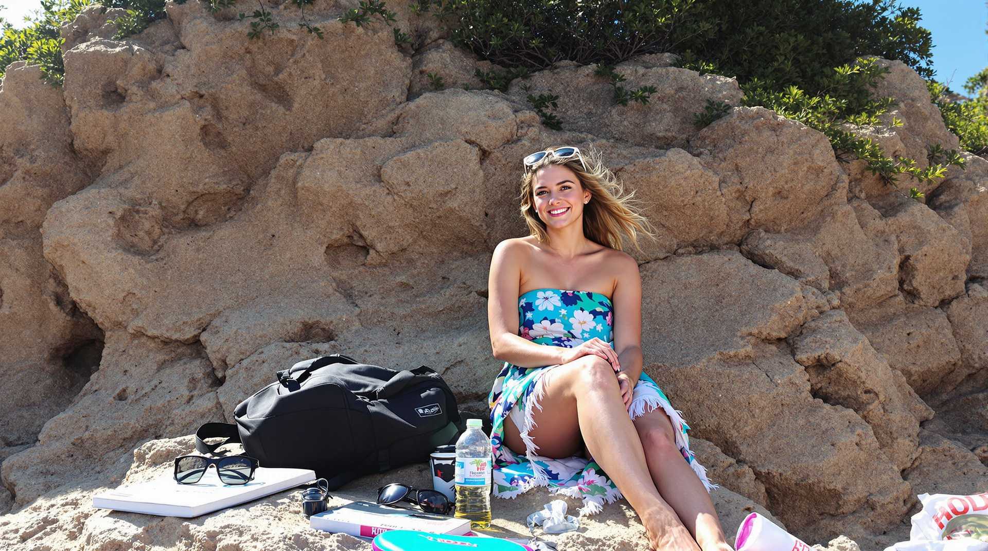 1. Subject A young woman is seated on a rocky outcrop, wearing a colorful sarong with a floral pattern. The sarong is wrapped around their waist and legs, leaving their shoulders and arms bare. They are wearing sunglasses pushed up onto their head.2. Surroundings The rocky outcrop is rugged and uneven, with a mix of light and dark brown hues. There are green shrubs and trees in the background, suggesting a coastal or semicoastal location. The sunlight is bright, with a lens flare visible in the upper left corner, indicating the sun is positioned behind the camera.3. Personal Items On the ground, there are several personal items scattered around. There's a black backpack, a water bottle lying on its side, a book with a white and black cover, a pair of sunglasses, a small blue and pink frisbee, a white plastic bag with red lettering, and a white cylindrical object that could be a cup or a tube.4. Clothing The person is wearing a strapless sarong with a floral pattern in shades of blue, green, and white. The sarong has a fringe at the hem.5. Accessories Sunglasses are pushed up onto the persons head, and they are holding a water bottle in their right hand.6. Environment The rocky outcrop is situated in a natural setting with greenery in the distance, suggesting a serene and possibly secluded location.7. Lighting The lighting is bright, with the sun positioned high in the sky, casting a warm glow over the scene.8. Color Palette The dominant colors in the image are shades of blue, green, and brown from the rocks and foliage, with splashes of white from the sarong, water bottle, and plastic bag.9. Texture The rocks have a rough, uneven texture, while the sarong has a soft, flowing texture.10. Composition The subject is positioned centrally in the frame, with personal items and the natural surroundings framing them.This image captures a moment of relaxation and leisure in a natural setting, with the subject engaging in a beach related activity, possibly sunbathing or enjoying the coastal environment.