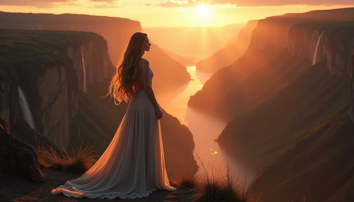 In the twilight's soft embrace, an ethereal woman with long, wavy hair stands majestically at the forefront, her figure poised as if part of the landscape itself. Behind her, a vast valley unfolds, its cliffs rising like ancient guardians, each adorned with cascading waterfalls that shimmer with the last light of day. The composition is dynamic, with the woman's silhouette framed against the expansive backdrop, creating a dramatic interplay of light and shadow. The lighting, rich in contrast, enhances the epic realism, casting long shadows and illuminating the scene with a golden hue that speaks to the fleeting moment between day and night. The image exudes a photorealistic quality, every detail from the texture of her hair to the mist of the waterfalls rendered with the precision of Canon focus. The atmosphere is serene yet powerful, encapsulating the essence of a surreal masterpiece, with an 8K resolution that allows for the minutest details to be appreciated, making this visual symphony a breathtaking, award-winning concept art.