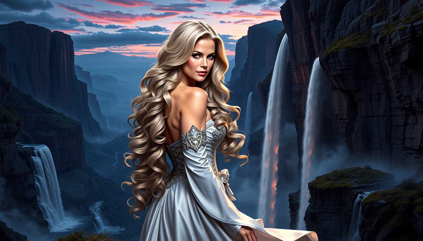 Brooke-LoRA-Zip, A stunning woman with long, wavy hair cascading down her back, standing majestically in front of a vast valley. Looking to the viewer. The valley features towering cliffs and multiple cascading waterfalls, the water shimmering with ethereal light. The scene is set during twilight, with the sky painted in deep blues, purples, and oranges, enhancing the surreal atmosphere. 

**Visual Details:**
- The woman's hair reflects the twilight colors, giving it an otherworldly glow.
- Her attire is elegant and flowing, with intricate details that catch the light, creating highlights and shadows that define her form.
- The cliffs are rugged, textured with moss and lichen, and the waterfalls are transparent, showing the underlying rock formations.

**Style:**
- Concept art style, aiming for epic realism with a touch of surrealism, reminiscent of artists like Yoshitaka Amano or Craig Mullins.
- Photorealistic quality, with the precision of Canon focus, capturing the scene in 8K resolution for unparalleled detail.

**Composition:**
- The woman is the focal point, positioned slightly off-center to lead the viewer's eye into the valley.
- The camera angle is low, looking up at the woman, emphasizing her stature and the grandeur of the landscape behind her.
- Dynamic composition with strong diagonal lines from the cliffs guiding the viewer towards the waterfalls.

**Mood and Atmosphere:**
- The mood is serene yet powerful, with the dramatic lighting of twilight creating a sense of awe and mystery.
- The air carries a soft mist from the waterfalls, diffusing the light and adding to the dreamlike quality of the scene.

**Technical Aspects:**
- Utilize techniques like depth of field to blur the background slightly, keeping the woman in sharp focus.
- Employ high dynamic range (HDR) to capture the full spectrum of colors and details from the darkest shadows to the brightest highlights.

**Cohesion:**
- Every element from the woman's ethereal beauty to the majestic landscape behind her, combined with the twilight setting, creates a cohesive image that feels both real and otherworldly, poised for award-winning recognition in the realm of surreal masterpiece photography.