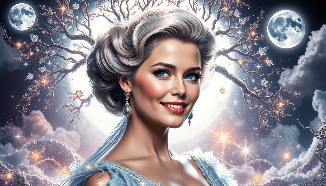 FantasyWomanLoRa, Digital portrayal of Grace Kelly with a coy smile, enveloped by a mystical aura, a silver moon casting soft glow, Tree of Life resplendent with intricate roots, radiant splashes juxtaposed with shimmering filigree, swathed in rim lighting, myriad magic lights weave a surreal atmosphere inspired by fantasy concept art, influenced by digital artists WLOP, RossDraws, and James Jean, achieving a harmon