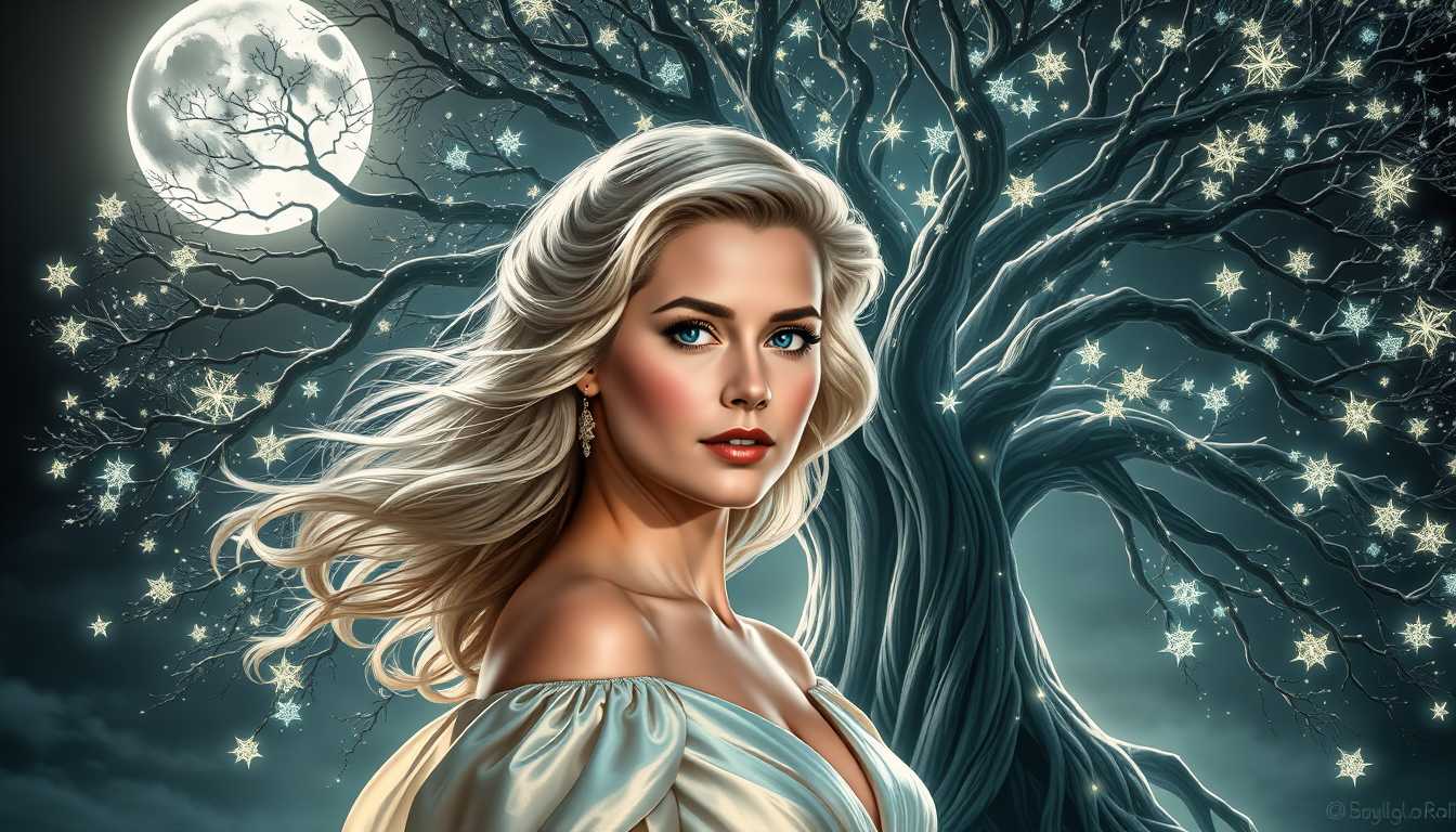 A digital portrait of Grace Kelly, her expression coy and inviting, surrounded by a mystical aura. The scene is set under a full, silver moon that casts a soft, ethereal glow over her features. Behind her, the Tree of Life stands majestically, its roots intricate and sprawling, adorned with radiant splashes of light that contrast with the delicate, shimmering filigree. 

**Visual Details:**
- Grace Kelly's hair flows gently, catching the moon's light with subtle highlights.
- Her dress is an iridescent silk, reflecting the myriad magic lights that weave through the scene.
- The Tree of Life's leaves and branches are etched with luminescent patterns, glowing with an inner light.

**Style:**
- The image evokes the fantasy concept art style, with influences from WLOP's soft, ethereal lines, RossDraws' vibrant and dynamic color usage, and James Jean's intricate, surrealistic details.

**Composition:**
- Grace Kelly is positioned centrally, her figure slightly turned to face the viewer, creating a sense of intimacy.
- The Tree of Life stretches out behind her, framing her silhouette against its sprawling form.
- The camera angle is slightly low, looking up at Grace, enhancing her ethereal presence.

**Mood and Atmosphere:**
- The atmosphere is surreal, filled with an otherworldly magic. 
- The time is dusk, with the moon's glow being the primary light source, creating long, soft shadows and a dreamy ambiance.
- The air seems to shimmer with magic, with subtle fog enhancing the mystical feel.

**Technical Aspects:**
- Rim lighting outlines Grace Kelly, separating her from the background while adding depth.
- The use of depth of field focuses on her, with the background elements slightly blurred to create a dreamlike quality.
- The image employs a high dynamic range to capture both the dark, intricate details of the tree and the bright, magical elements.

**Cohesion:**
- Every element, from the lighting to the composition, works in harmony to create a unified, believable fantasy scene where Grace Kelly embodies an otherworldly beauty, enveloped in a world of magic and art.