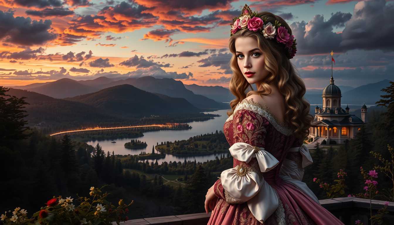 FantasyWomanLoRa, Clarissa Virginia [looks like Poison Ivy], a blend of Artgerm and Rubens style [very detailed painting in the tradition of Hudson River School], beauty  victorian  hair, clad in a stunning victorian dress, looking at you, against a dramatic landscape of Hereafter bathed in the magic glow of twilight, stunning Hereafter landscape, victorian villa, forrest, Dream-View, Lake, backlighting, soft shadows, vibrant skyline, intricate fabric textures, hyper-detailed, golden hour ambiance, ultra realistic, wow effect