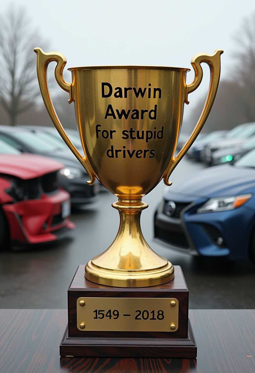 Create image of a trophy 🏆 with text that reads "Darwin Award for stupid drivers" background a wrecked cars lots of wrecked cars