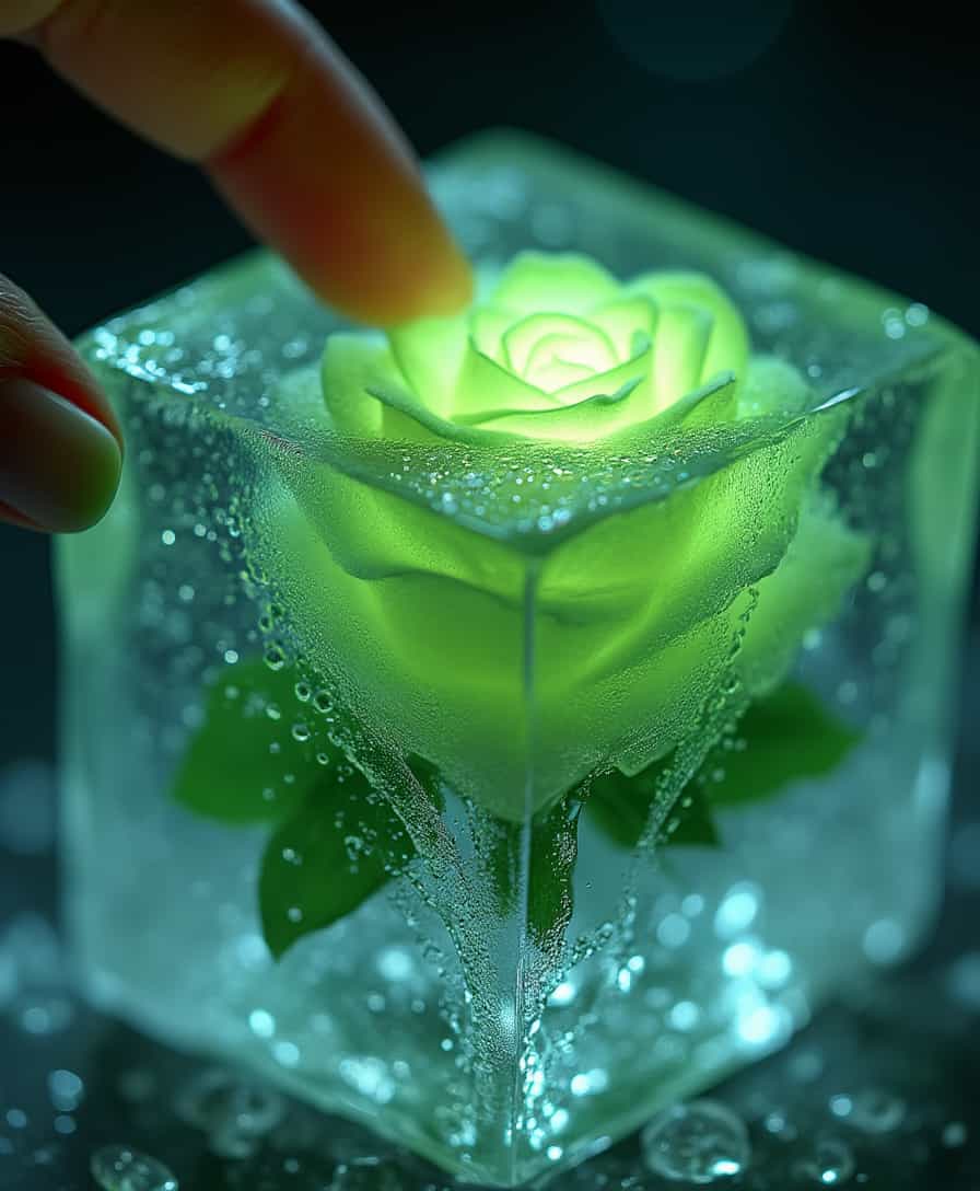 Design an enchanting, close-up scene featuring a glowing green rose delicately enclosed within a textured, transparent ice cube. The rose's petals and leaves should exhibit intricate details, softly radiating an ethereal green light that diffuses through the ice, creating a luminous and magical effect. The ice cube should appear crystal-clear but intricately textured, with tiny bubbles, droplets, and imperfections that enhance its realism. A single finger gently touches the top surface of the ice cube, with a focus on its well-manicured nail, introducing an element of human interaction and curiosity. Surround the ice cube with a dramatic, dark background to amplify the brilliance and glow of the rose and the reflections on the ice. The atmosphere should blend elements of fantasy and wonder, evoking a sense of surreal beauty and mystery.