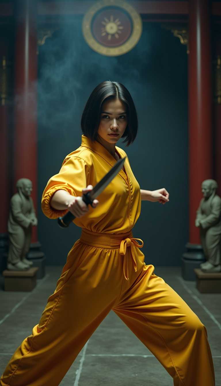 A highly detailed scene featuring a **brunite Slavic woman** with **short, neatly parted hair**, embodying the **allure of a deadly femme fatale**. She stands in a **dynamic, action pose**, her body slightly turned to the side, one leg bent and ready to strike, capturing a moment of intense concentration. Her **piercing gaze** locks onto an unseen opponent, conveying a mix of determination and danger. 

**In her hand, she grips a dagger**, the blade catching a glint of light, highlighting its sharpness and lethality. She wears a **custom martial arts outfit**, reminiscent of **Bruce Lee's iconic yellow tracksuit**, but tailored to accentuate her femininity and agility, with a slight sheen to the fabric that suggests durability and movement.

The setting is a **dark, mysterious Asian shrine**, with **ancient stone carvings and statues** partially visible in the background, shrouded in shadows and dim light. The atmosphere is **charged with an impending confrontation**, the air heavy with the scent of incense and the promise of battle. 

The **lighting is dramatic**, with **high contrast** creating deep shadows that play across her face and outfit, emphasizing her form and the textures of her attire. The **camera angle** is slightly low, looking up at her, adding to her imposing presence. 

The scene evokes a **film noir style**, with elements of **chiaroscuro lighting** and a **cinematic framing** that focuses on her as the central, formidable figure. The **color palette** is dominated by **dark, muted tones**, with splashes of **yellow** from her outfit and **gold** from the shrine's decorations, creating a visual contrast that draws the eye to the woman and her weapon. 

**Technical elements** include **shallow depth of field** to isolate her from the background, **motion blur** to suggest movement in her pose, and **soft focus** on the edges to enhance the dreamlike, otherworldly quality of the shrine. 

The **overall mood** is one of **tension and anticipation**, with a **nocturnal setting** where the light from hidden sources casts long shadows, enhancing the eerie and sacred feel of the location.