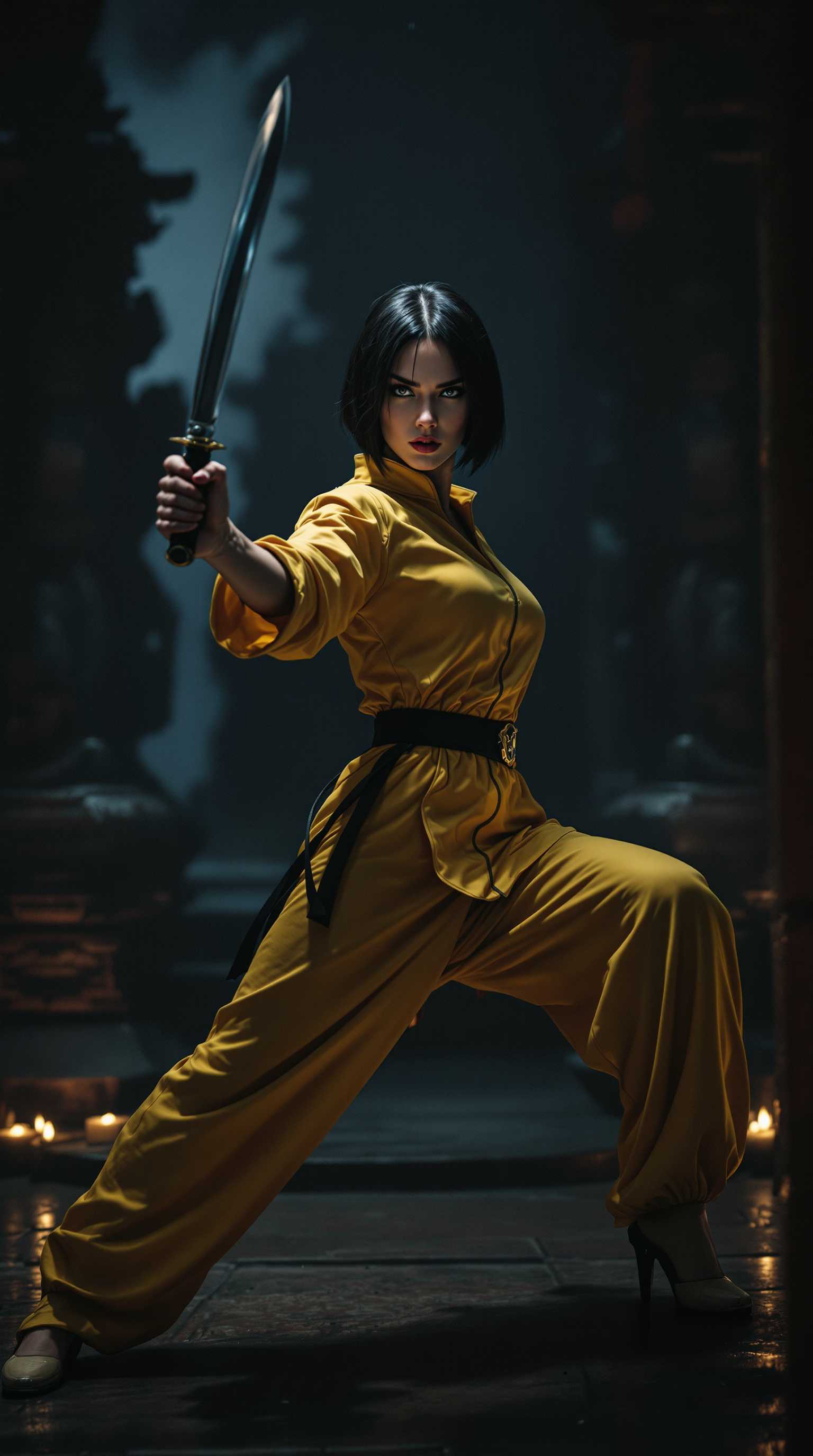 A highly detailed scene featuring a **brunette Irish woman** with **short, neatly parted hair**, embodying the **allure of a deadly femme fatale**. She stands in a **dynamic, action pose**, her body slightly turned to the side, one leg bent and ready to strike, capturing a moment of intense concentration. Her **piercing gaze** locks onto an unseen opponent, conveying a mix of determination and danger. 

**In her hand, she grips a dagger**, the blade catching a glint of light, highlighting its sharpness and lethality. She wears a **custom martial arts outfit**, reminiscent of **Bruce Lee's iconic yellow tracksuit**, but tailored to accentuate her femininity and agility, with a slight sheen to the fabric that suggests durability and movement.

The setting is a **dark, mysterious Asian shrine**, with **ancient stone carvings and statues** partially visible in the background, shrouded in shadows and dim light. The atmosphere is **charged with an impending confrontation**, the air heavy with the scent of incense and the promise of battle. 

The **lighting is dramatic**, with **high contrast** creating deep shadows that play across her face and outfit, emphasizing her form and the textures of her attire. The **camera angle** is slightly low, looking up at her, adding to her imposing presence. 

The scene evokes a **film noir style**, with elements of **chiaroscuro lighting** and a **cinematic framing** that focuses on her as the central, formidable figure. The **color palette** is dominated by **dark, muted tones**, with splashes of **yellow** from her outfit and **gold** from the shrine's decorations, creating a visual contrast that draws the eye to the woman and her weapon. 

**Technical elements** include **shallow depth of field** to isolate her from the background, **motion blur** to suggest movement in her pose, and **soft focus** on the edges to enhance the dreamlike, otherworldly quality of the shrine. 

The **overall mood** is one of **tension and anticipation**, with a **nocturnal setting** where the light from hidden sources casts long shadows, enhancing the eerie and sacred feel of the location.